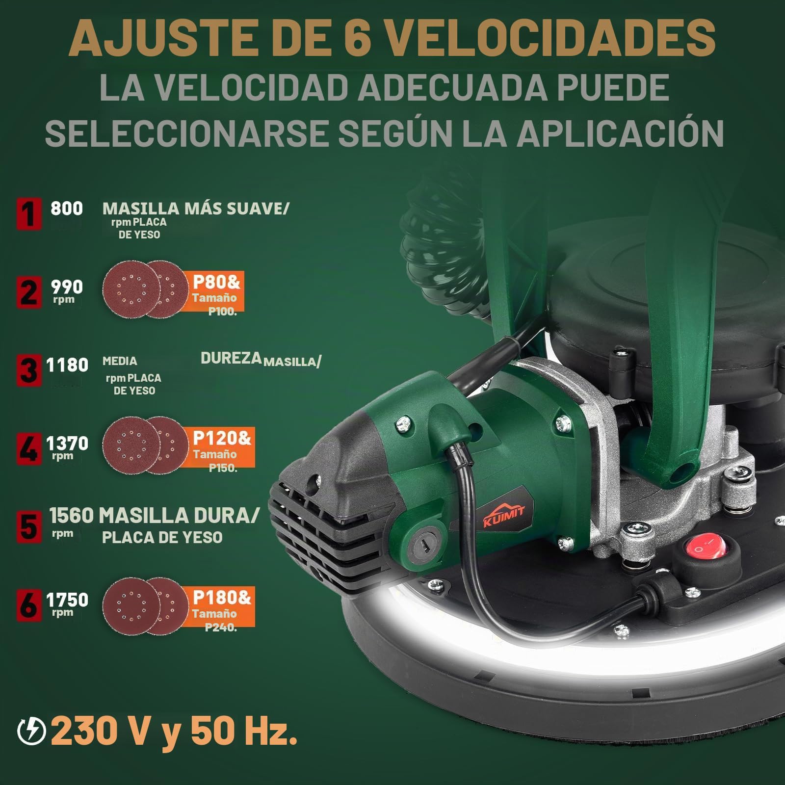 Lijadora de Pared, 850W Lijadora Eléctrica con 12 Discos de Lijado, 6 Velocidades Variables 800-1750 RPM, con Mango Extensible, Luz LED, Manguera Larga para Polvo y Bolsa de Almacenamiento