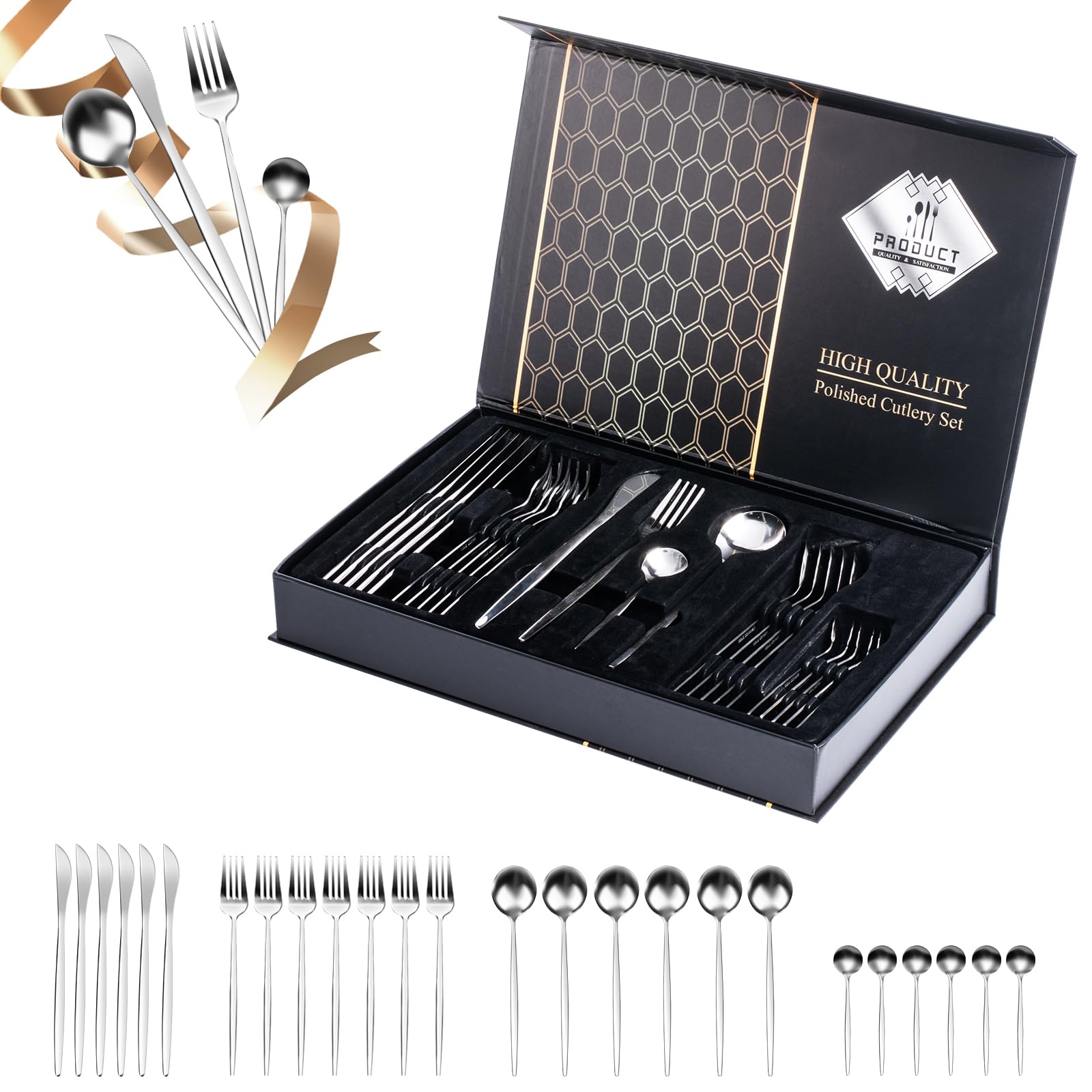 INFOSUN Silverware Set, 24-Piece Stainless Steel Flatware Set Cutlery Gift Set, Kitchen Utensils Knife Fork Spoon Flatware Set with Present Box, Tableware Mirror Finish, Smooth Edge, Service for 6