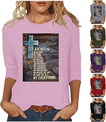 Women Easter Day Tops Jesus Cross Printed Tee Casual Christian Blouse 3/4 Sleeve T-Shirt Religious Blouses