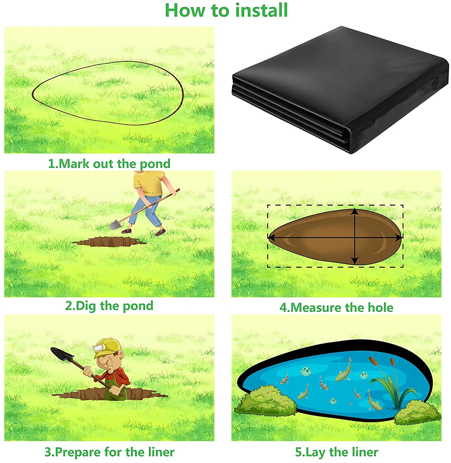 Revestimiento Negro de PVC HDPE para Estanque de Peces Arroyos Fuentes y Cascada de jardín-2.1Mx3M,Espesor 0.3mm