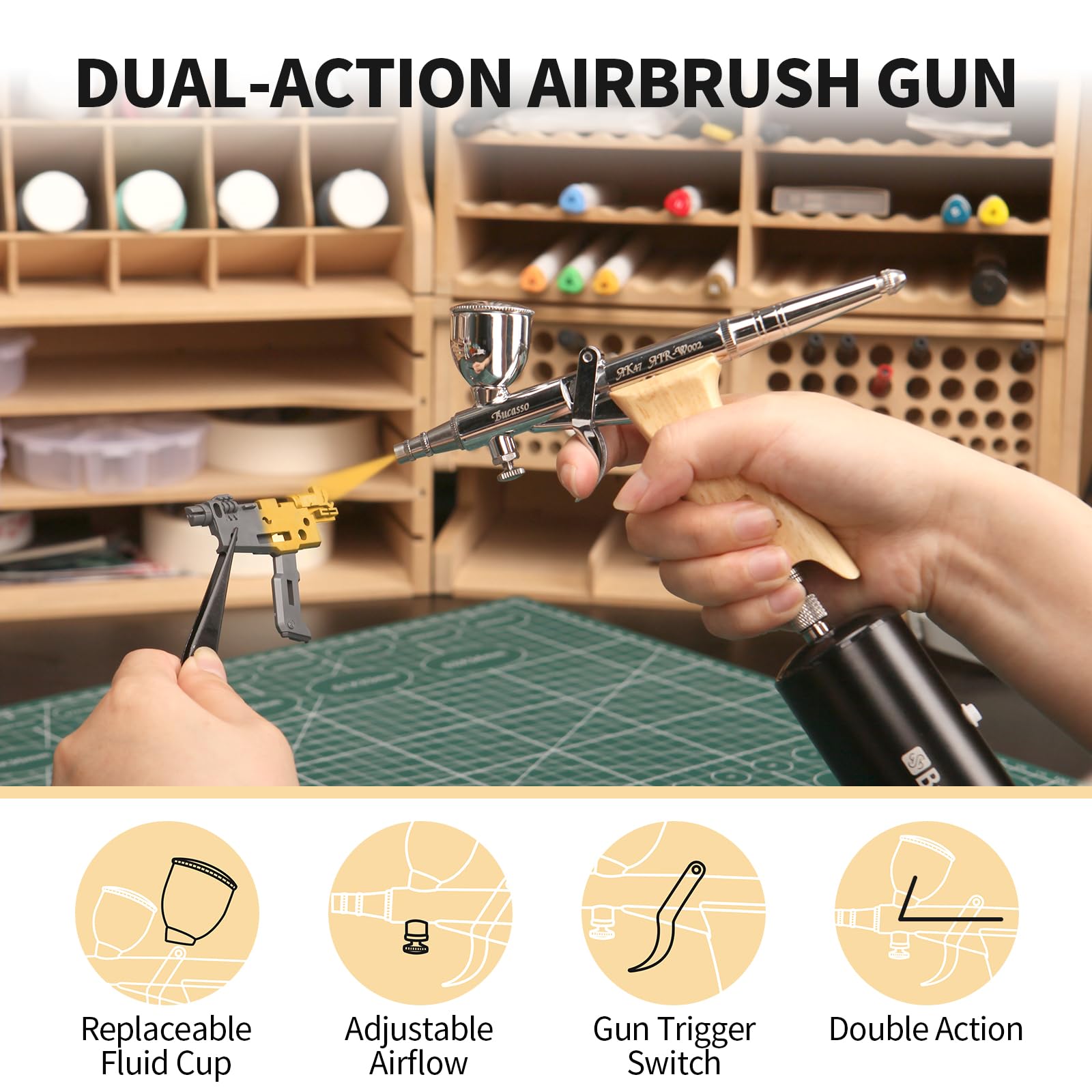 Bucasso Airbrush Kit, Air Brush Spray Gun with 0.3mm/0.5mm/0.8mm Needles/Nozzle Sets, 3cc/7cc/11cc Replaceable Fluid Cup for Painting Model Nails Cake Tattoo Makeup
