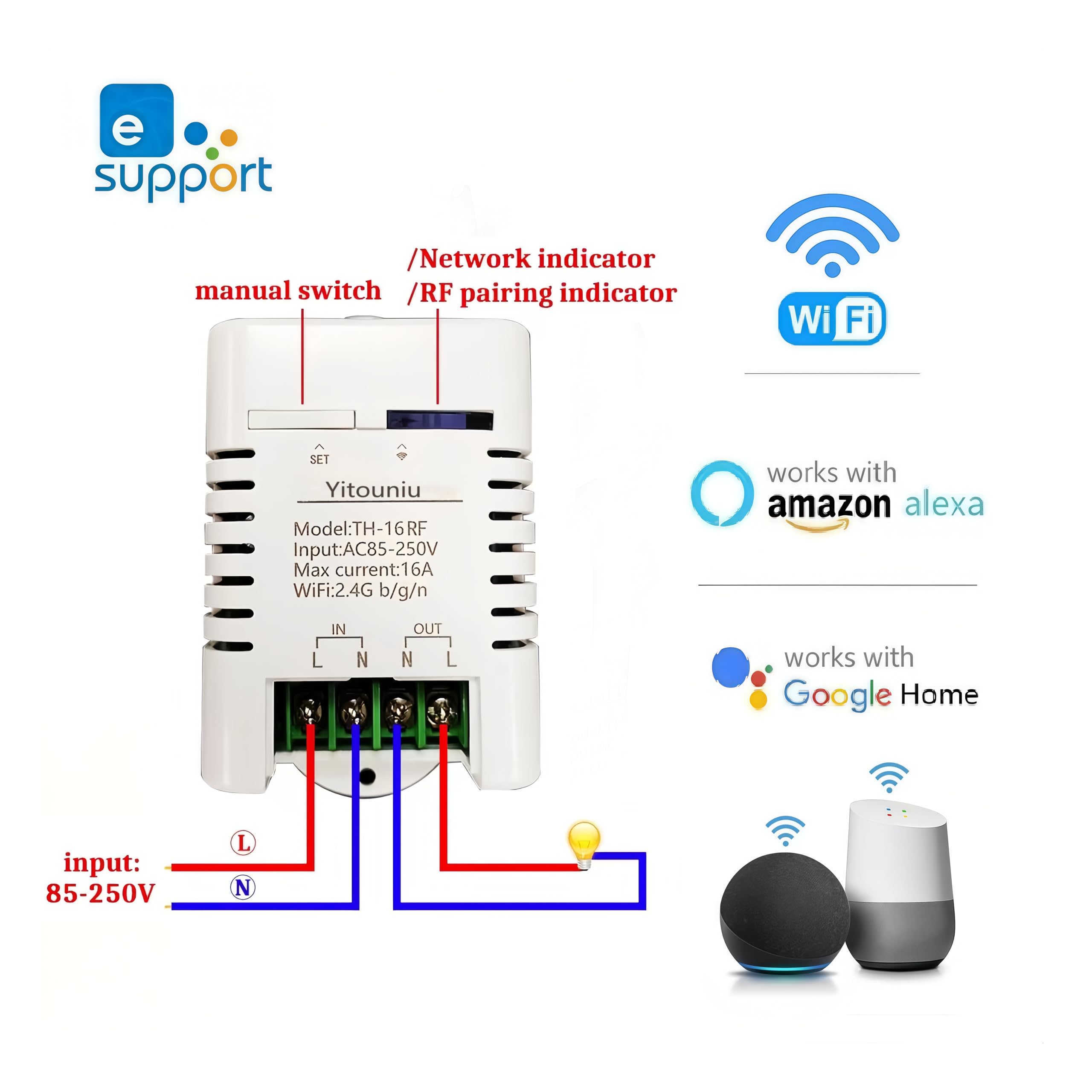 eWeLink Commutateur WiFi intelligent TH16 16 A Contrôleur de température et d'humidité, télécommande sans fil avec surveillance de la consommation d'énergie, compatible avec Alexa Google Home