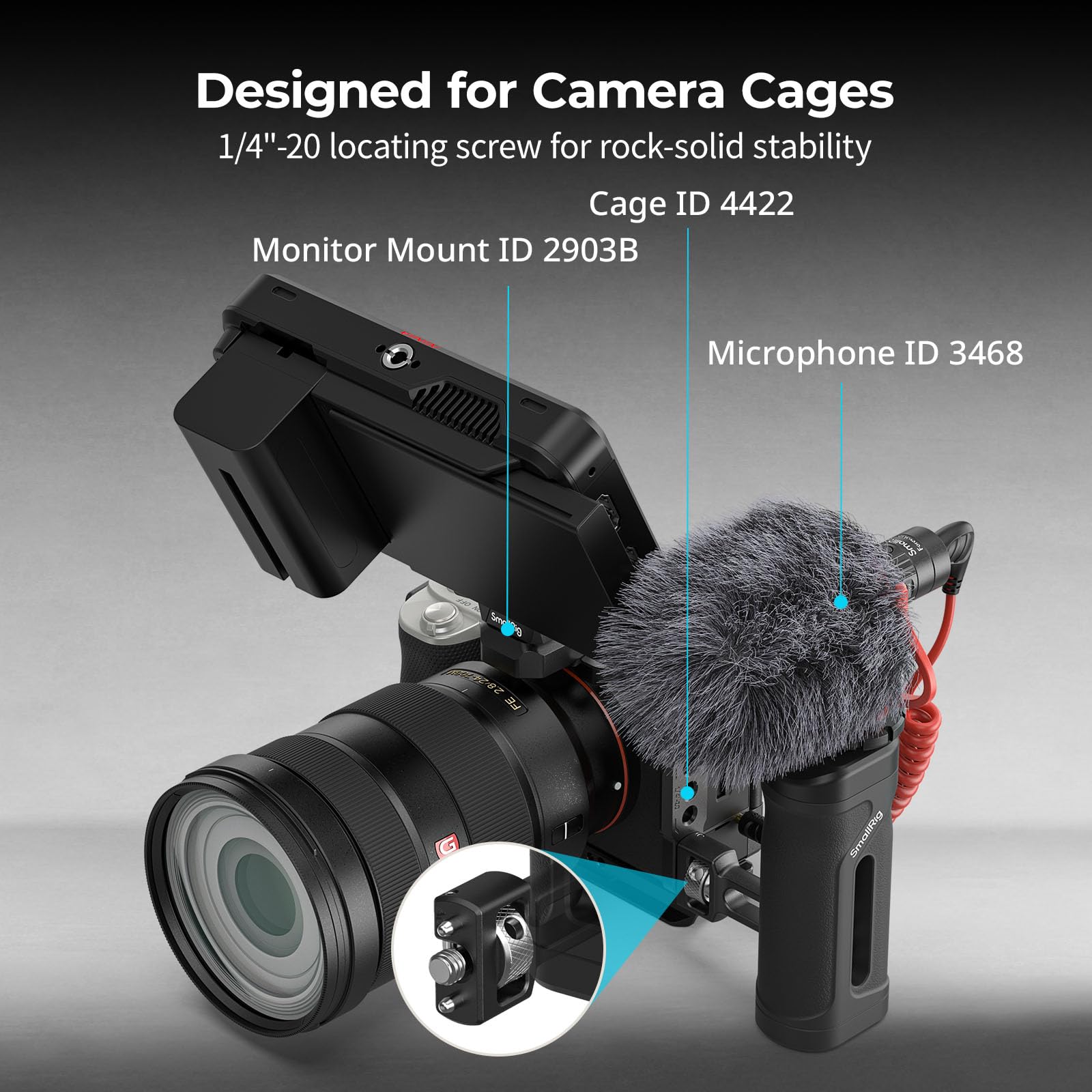 SMALLRIG Mini Poignée Latérale avec vis de Fixation 1/4"-20, Poignée Latérale pour Cage de Caméra Ambidextre, Réglable en Hauteur, avec Griffe Porte-Accessoires Intégrée, Charge Max 10 kg - 5946