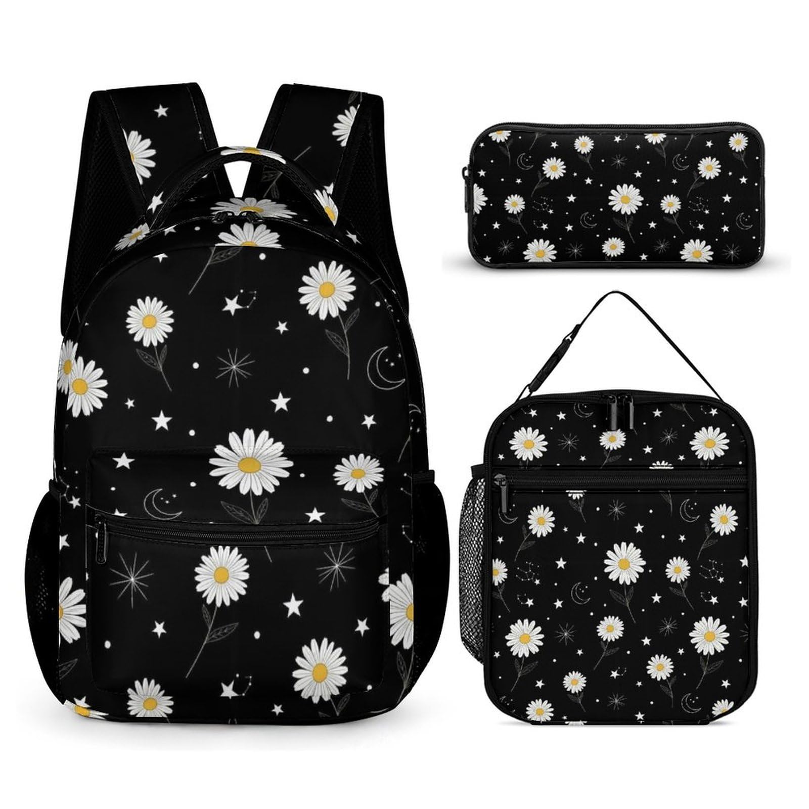 Ensemble sac à dos à motif marguerite soleil et lune avec boîte à lunch, trousse de maquillage et accessoires de toilette.
