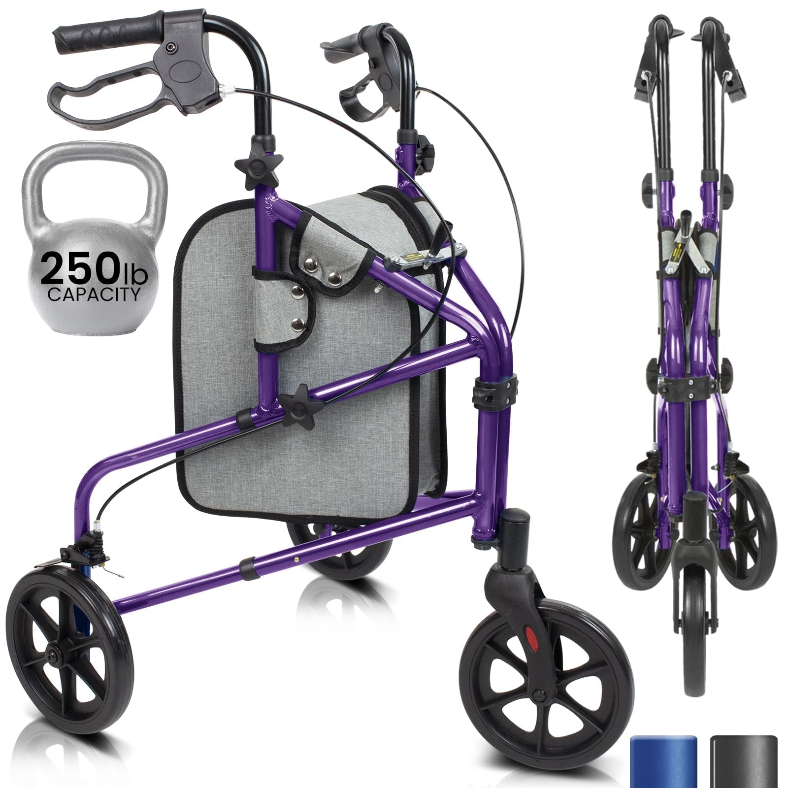 Vive Mobility 3 Wheel Rollator Walker - Lightweight and Foldable for Seniors, Elderly, Men, Women - Folding Heavy Duty Tri-Wheeled for Indoor/Outdoor Use (Purple)