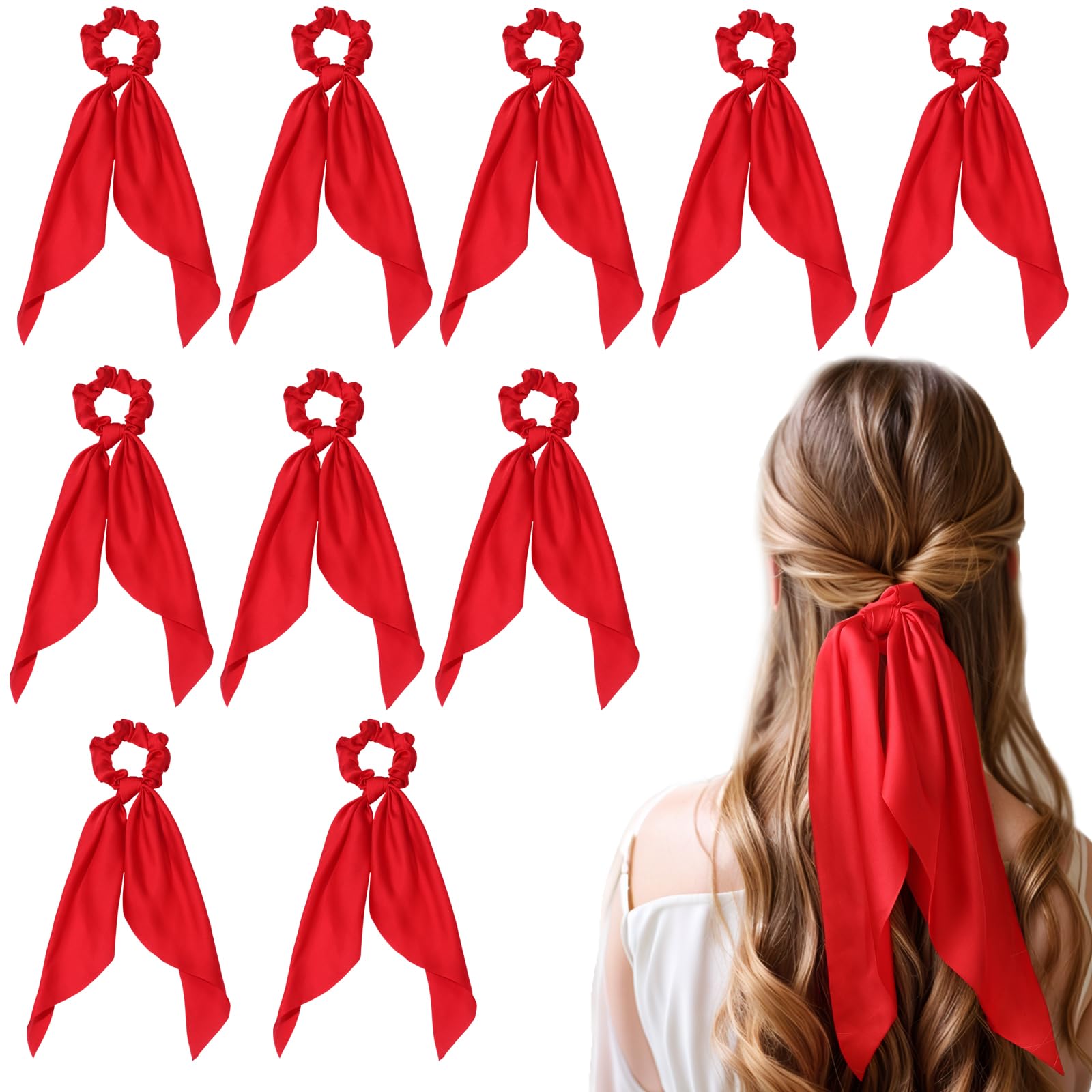 Red Scrunchie with Bow - 10 PCS Hair Bows for Women Satin Hair Ribbons & Bow Hair Ties Hair Accessories for Women (Red)