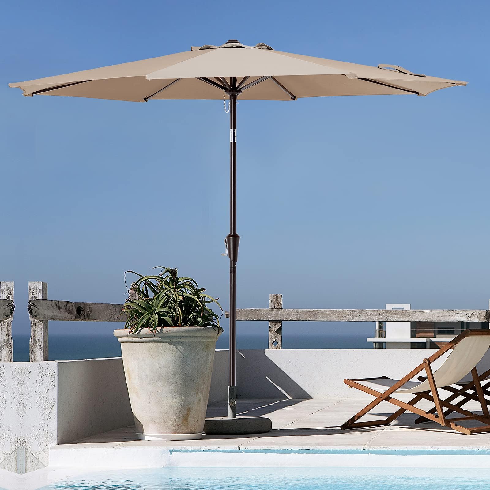 KITADIN Patio Umbrella 9 Ft Outdoor Market Table Umbrellas with Push Button Tilt, Crank Lift, 8 Sturdy Square Ribs for Garden, Lawn, Backyard, Pool (Beige)