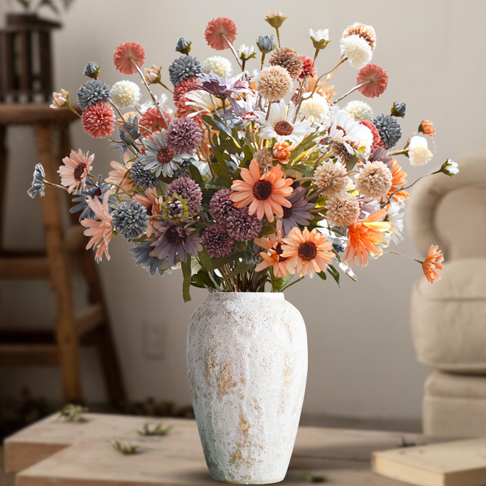 ASTRYAS Artificial Flowers, 10Pcs Fall Faux Flowers Kiku Fake Mini Chrysanthemums Floral Stems Mix Daisy Flowers for DIY Bouquet Centerpieces Wedding