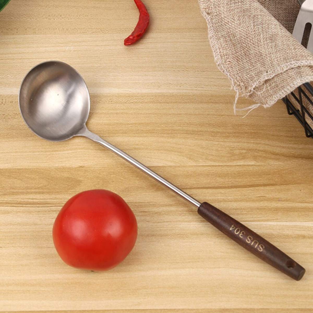 Dhruv Mart Ladle Tool 304 Stainless Steel with Heat Resistant Wood Handle 11 inch (Ladle)