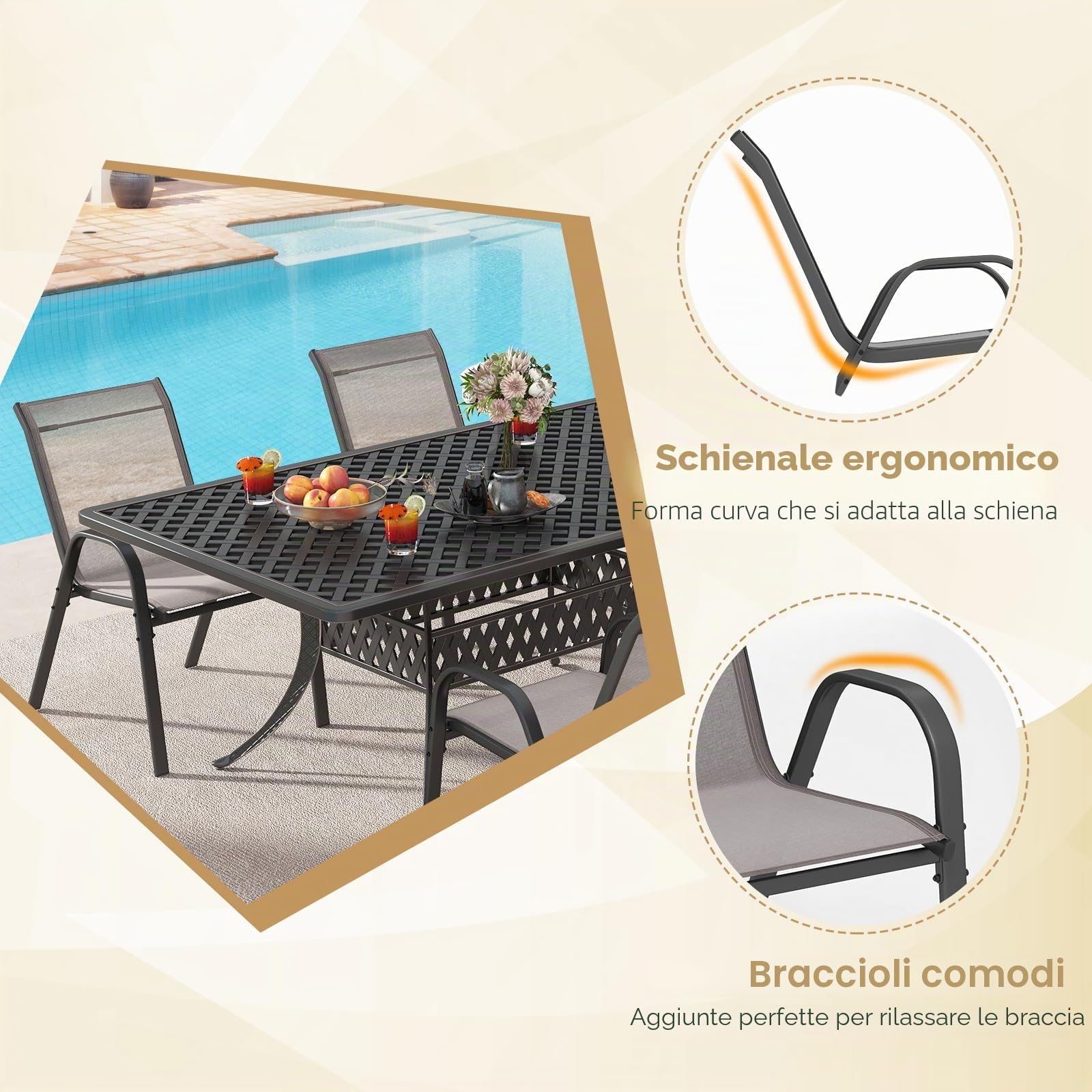 KOMFOTTEU Set di 2/4 Sedie da Giardino, Sedie Impilabili da Esterno in Tessuto con Telaio in Metallo, Poltrona da Balcone con Braccioli e Schienale Alto, per Sala da Pranzo, Carico 150 kg (Grigio*4)