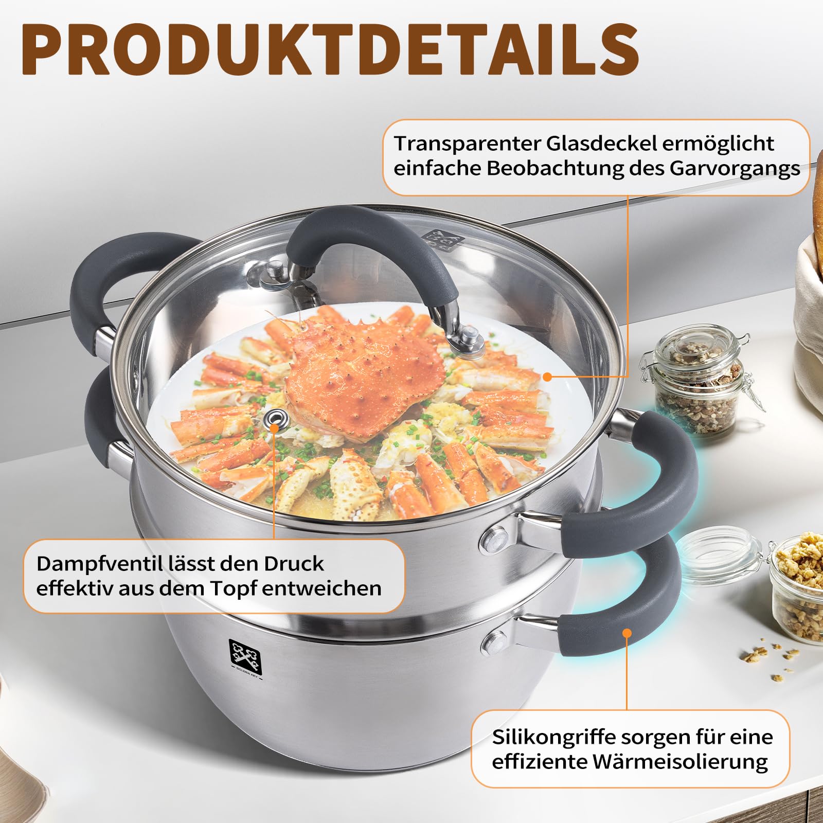 Olla de vapor con tapa de cristal de 20 cm, olla de vapor de acero inoxidable de 3 l, incluye cesta de vapor, inducción, vapor, vapor, olla de cuscús, apta para verduras, sopas, albóndigas, horno y
