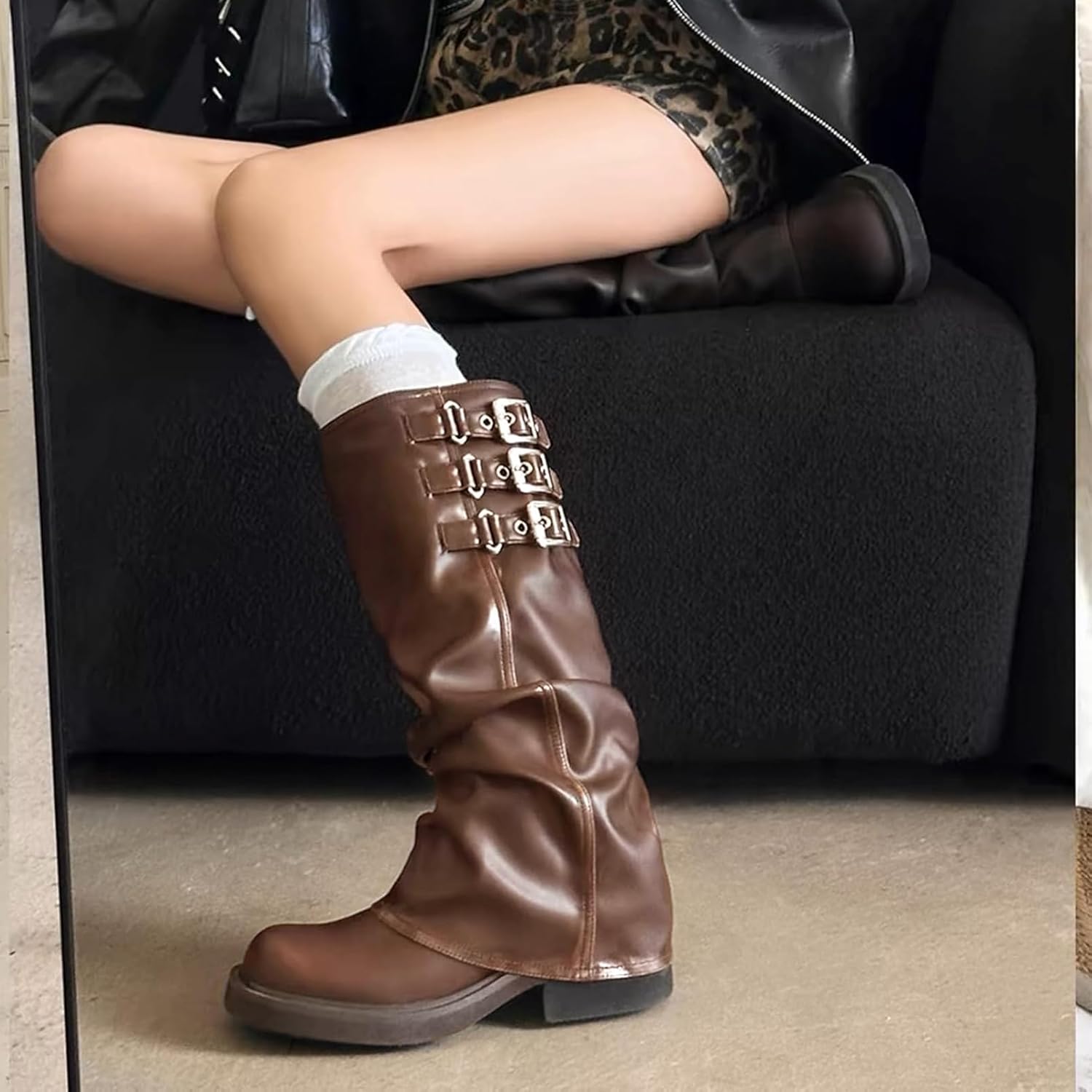 ClassicSter Fold Over Knee High Boots Slouch Boots for Women Chunky Goth Platform Boots,2 inch Heel Wide Calf Long Boots Square Toe Riding Boots - Image 7