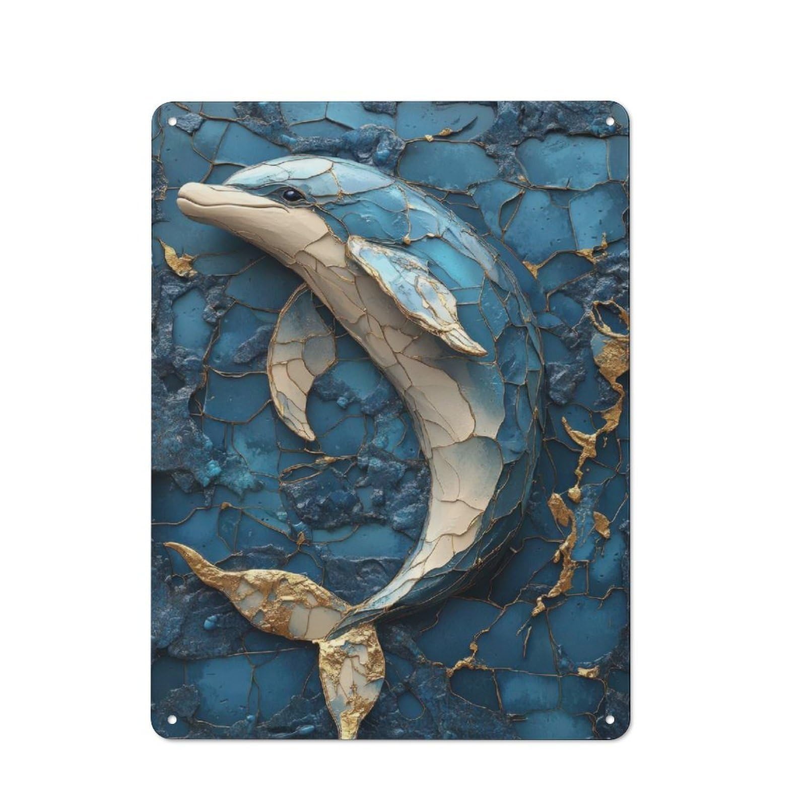 Junmoney Style-6 Classic Blue And Gold Dolphin Art Metal Wall Sign 40X30cm, Pub Wall Decor For Diner, Restaurant, Shed Or Kitchen