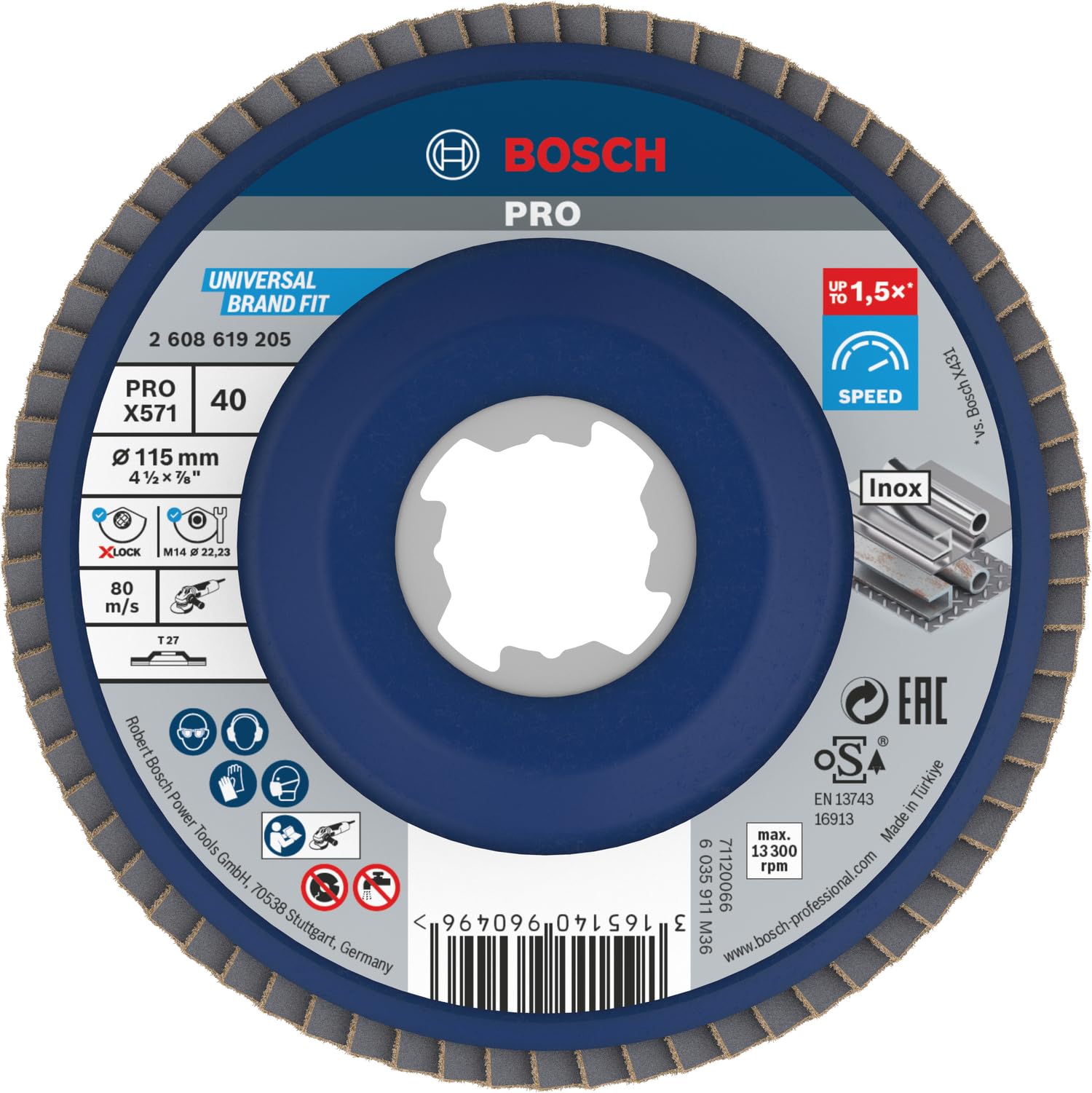 Bosch Professional 1x Straight Flap Disc Best (for Metal, X-LOCK, X571, Diameter 115 mm, Grit Size K40, Bore Diameter 22.23 mm, Accessories for Angle Grinders)
