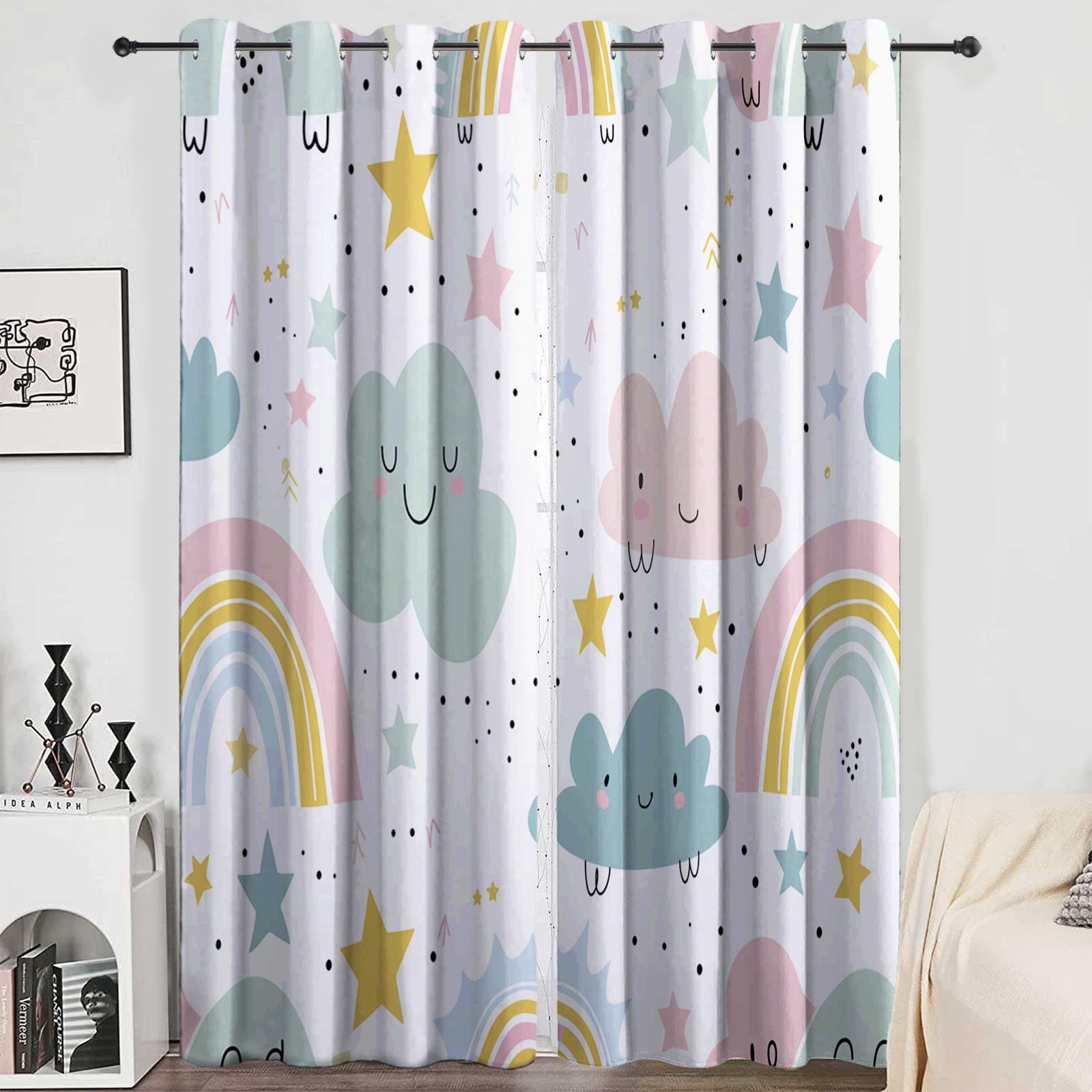 CozyRest Zasłony termiczne na przelotkach, tęczowe chmury i gwiazdy - 233 x 137 cm, izolacja i redukcja hałasu, zasłony do pokoju dziecięcego dla chłopców i salonu