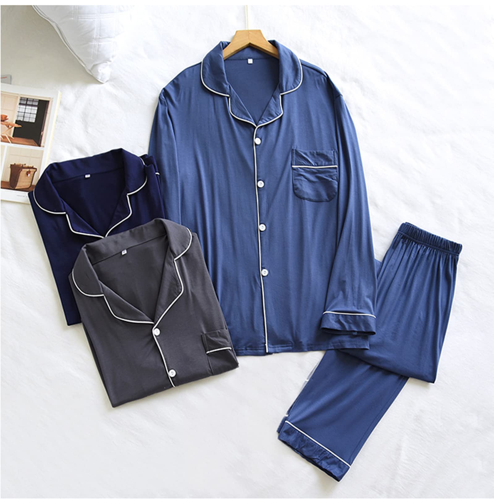 Conjunto de Pijama para Hombres 2 Piezas de Modal Ropa de Dormir de botón de Manga Larga PJ Set