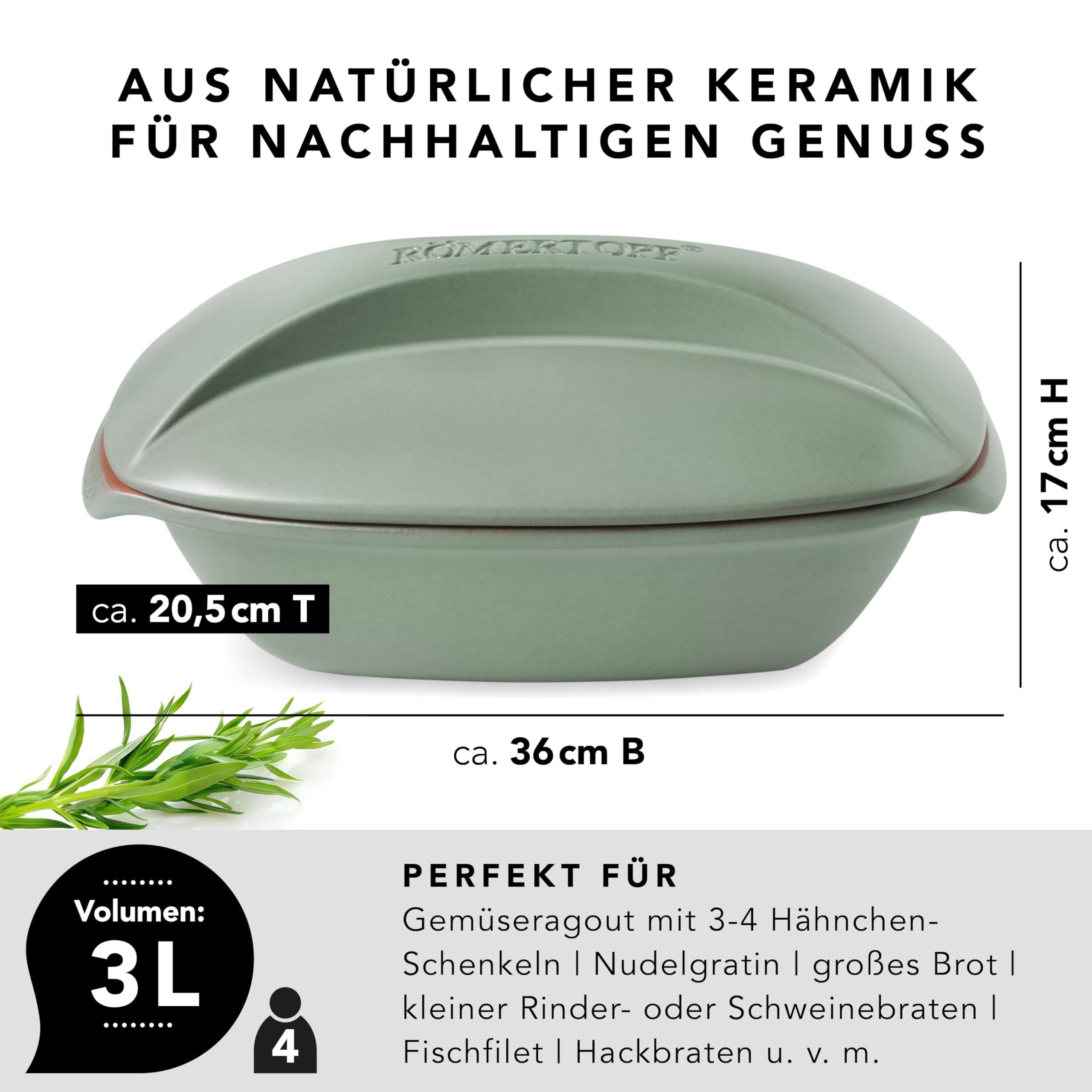 Römertopf CULINARIO – Cazuela de cerámica con tapa para 4 personas, 3 L, para guisar, asar y cocer al vapor, apta para horno y lavavajillas, verde