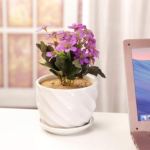 Miniatura 7 de Juego de 3 macetas de cerámica – Macetas de interior con platillos, pequeñas a medianas macetas redondas de cerámica modernas para jardín (blanco)