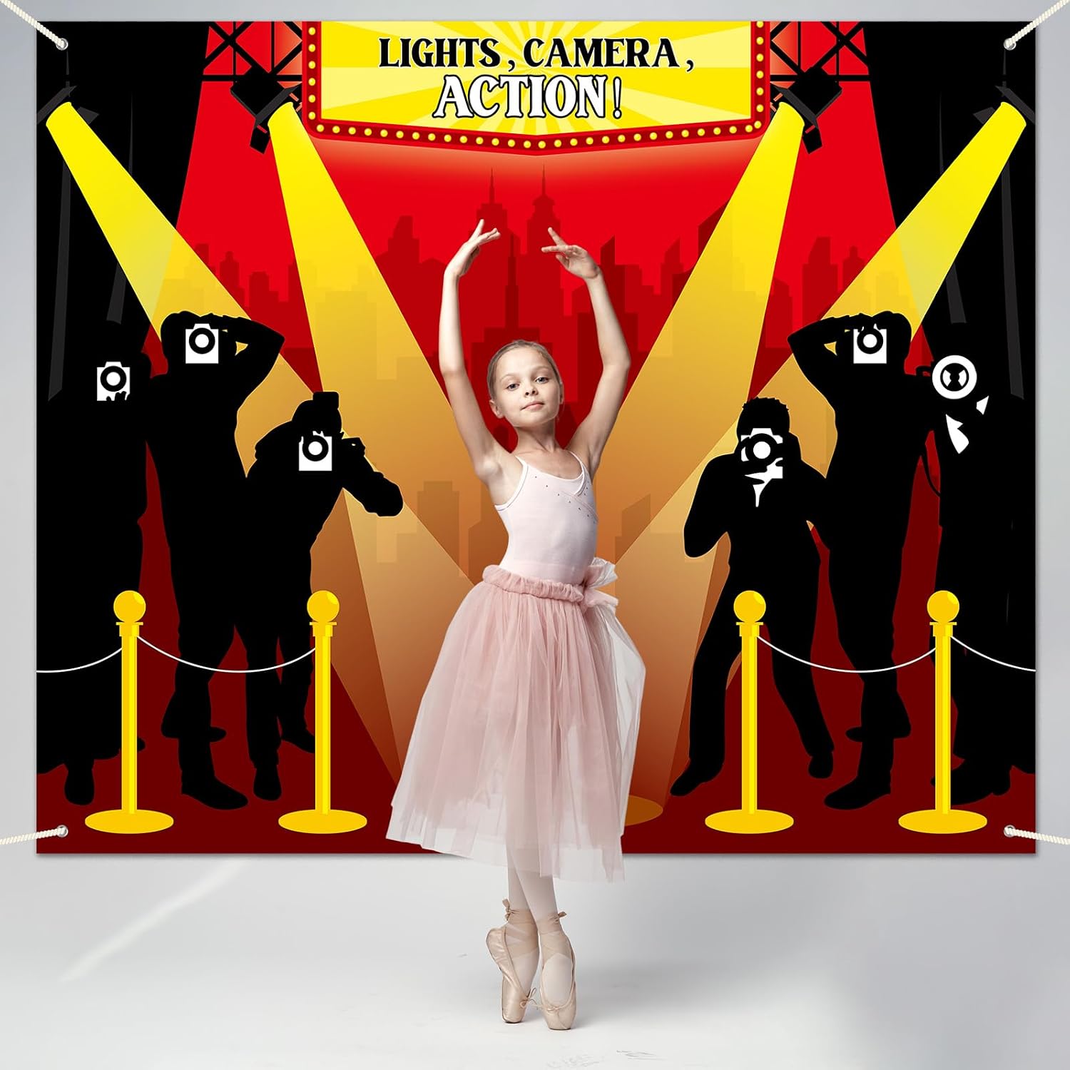 Lights Camera Action Backdrop Movie Night Party Decorations Movie Theme Banner Back to School Banner Large Red Carpet Photography Background 6x5ft for Birthday Party Supplies Photo Booth Props image 5