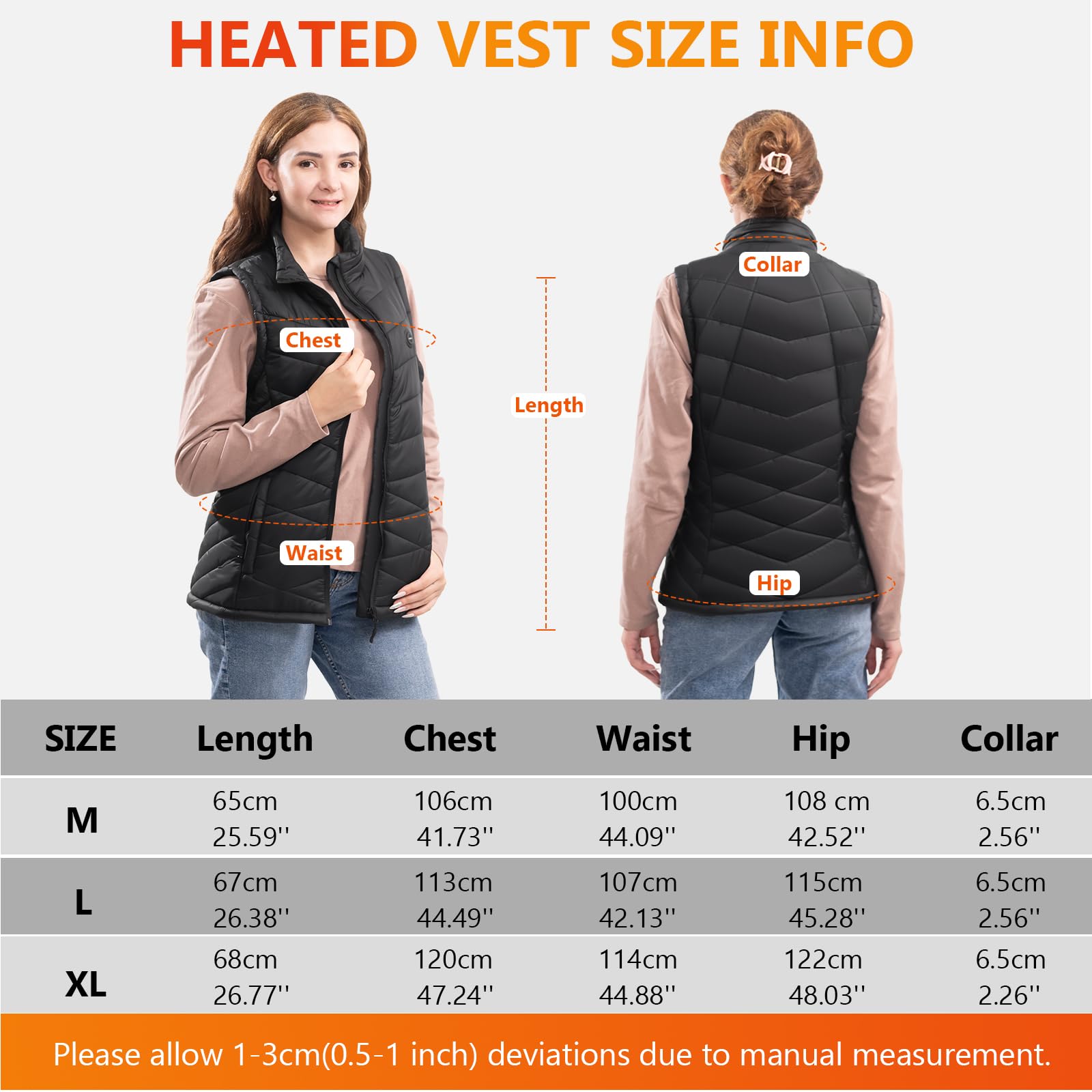 Chaleco Calefactable Mujer, Chaqueta Calefactable con Bateria Recargable de 7.4V 10000mAh, Chaleco Térmico Impermeable y Lavable con 4 Zonas de Calentamiento, 3 Niveles de Temperatura para Exteriores