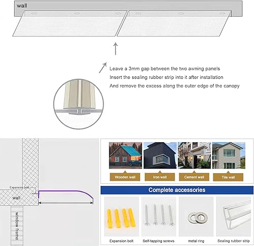 Miniatura 9 de Toldo para ventana, toldo para puerta delantera al aire libre, patio, cubierta de policarbonato silenciosa, protección contra la lluvia y la nieve,