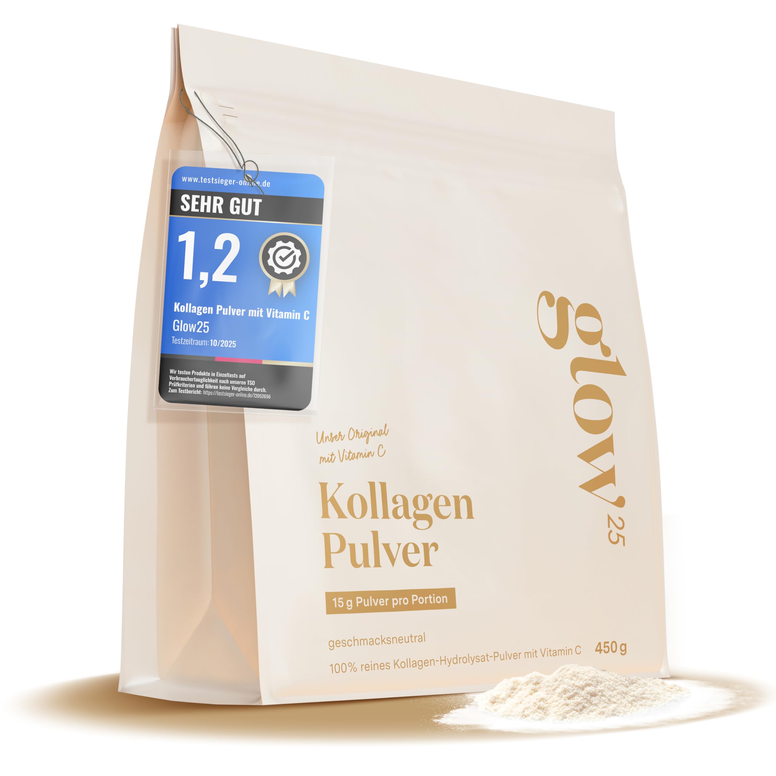 Glow25® Kollagen Pulver [450g] – Unser Original – Collagen Hydrolysat mit Vitamin C – Peptide Typ 1 und 3 – Gute Löslichkeit – Neutral