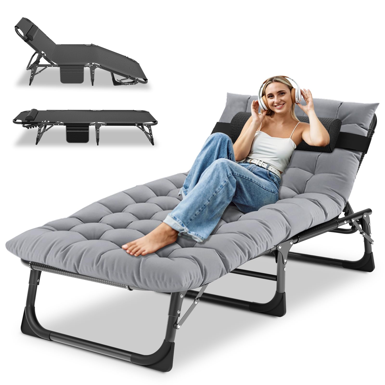 Folding Sun Lounger Recliners for Garden, Heavy Duty Adjustable Garden Bed with Mattress and Headrest, Oversized Portable Outdoor Camping Bed for Home, Office Nap, Patio Pool and Beach