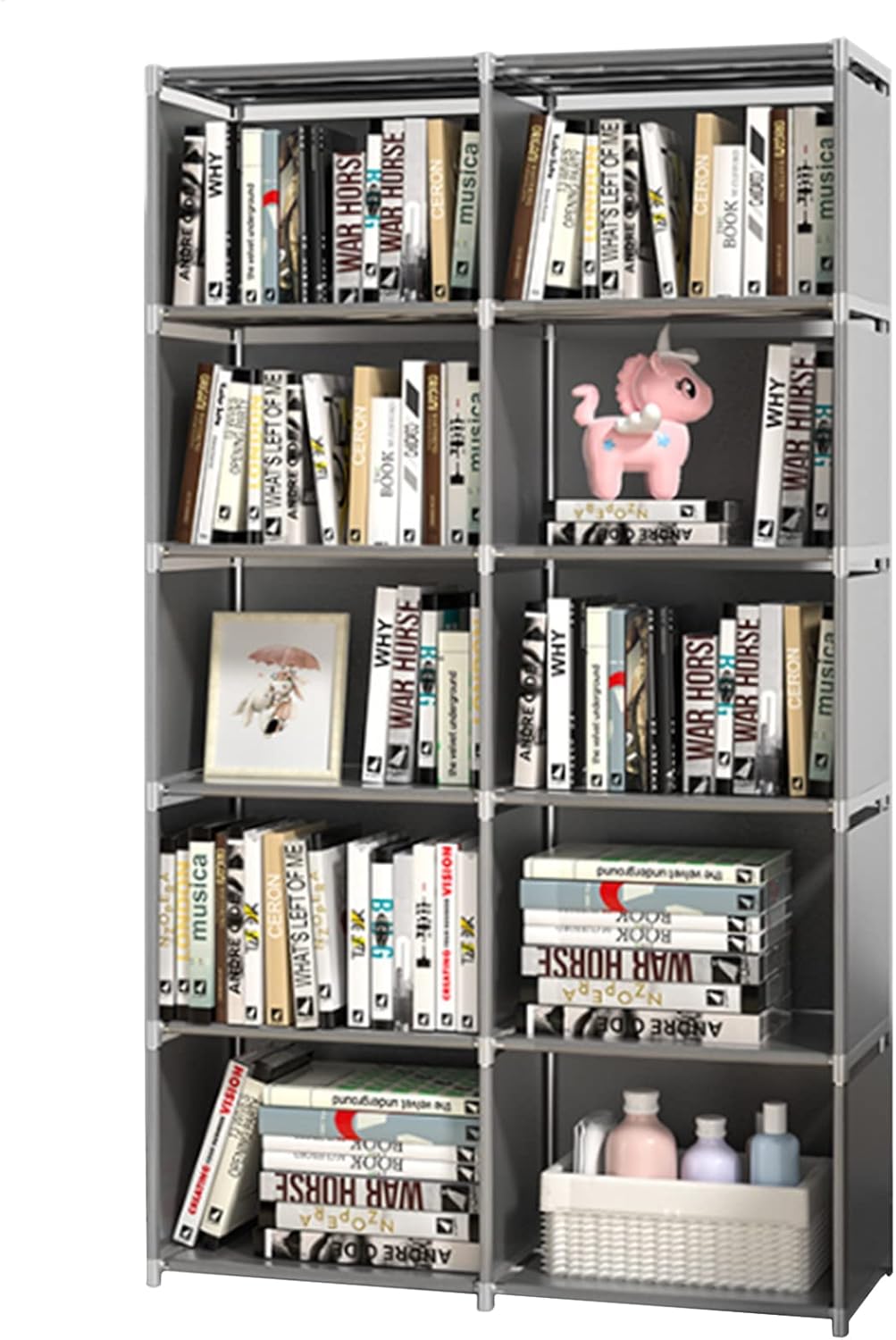 QPEY Bookshelves, Gray Bookcase Double Row 10Grid Cube