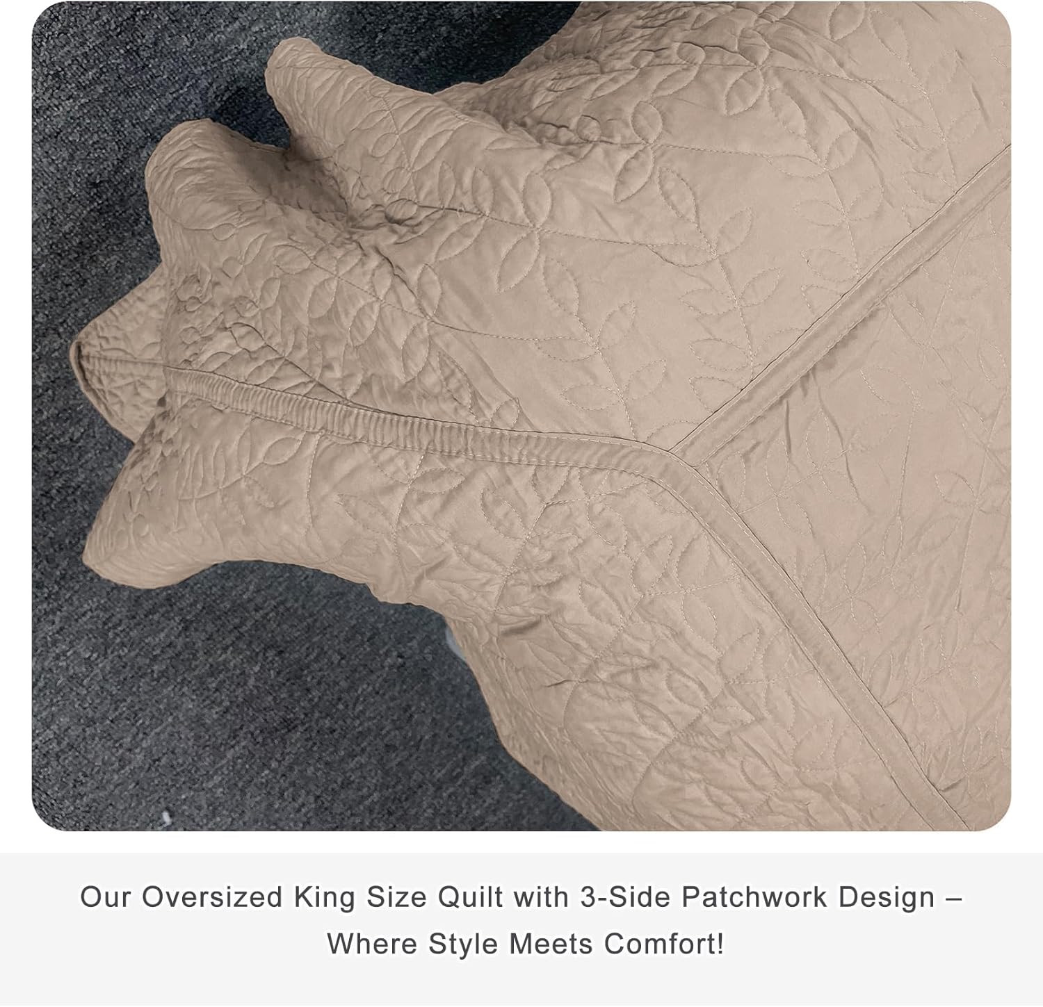 Masaca Oversized King Bedspread 128x120,Linen Colored Quilt Set with Leaf Pattern Soft Lightweight Extra Large King Farmhouse Boho Quilt Coverlet Bedding Set 3Pcs - Image 5