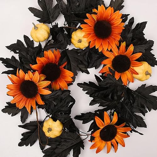 Miniatura 4 de 2 guirnaldas artificiales de hojas de arce, guirnalda de hojas de arce negro de 6 pies con calabaza y girasoles, vides colgantes de hojas negras