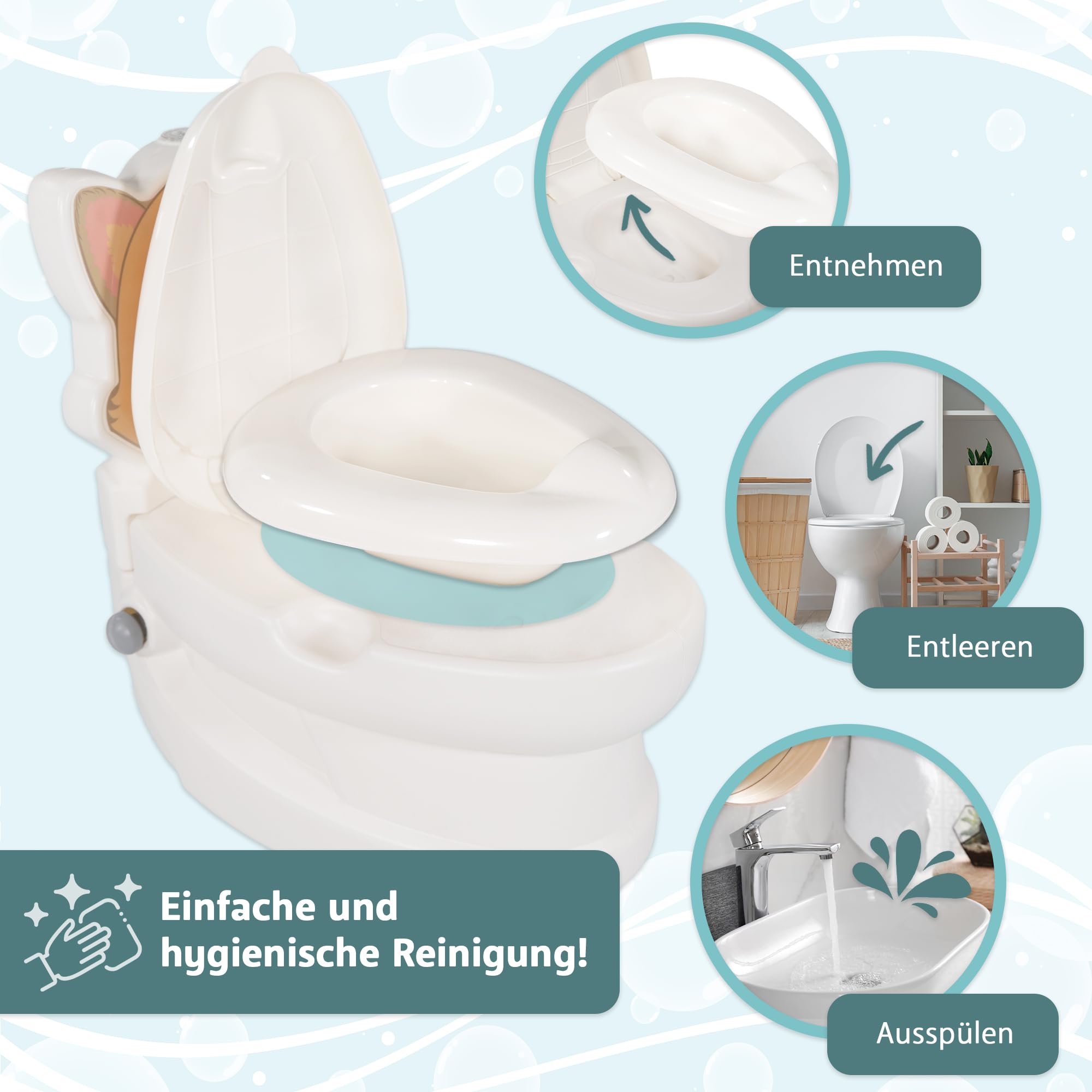 Lemodo Kindertöpfchen Töpfchen Kinder ab 18 Monate Kindertoilette Babytopf mit Spülgeräusch herausnehmbarer Innenbehälter rutschhemmender Boden Toilettenpapierhalter Töpfchentraining (Katze)