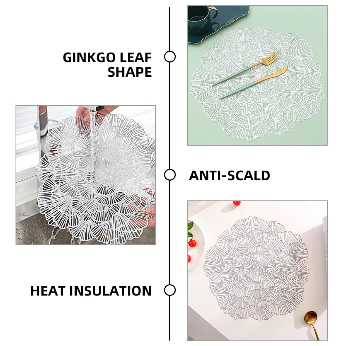 Alipis Sets de Table et Résistants en PVC Lot de 12 Argenté, Motif Feuille de Ginkgo Ajouré, Lavables pour Salle à Manger