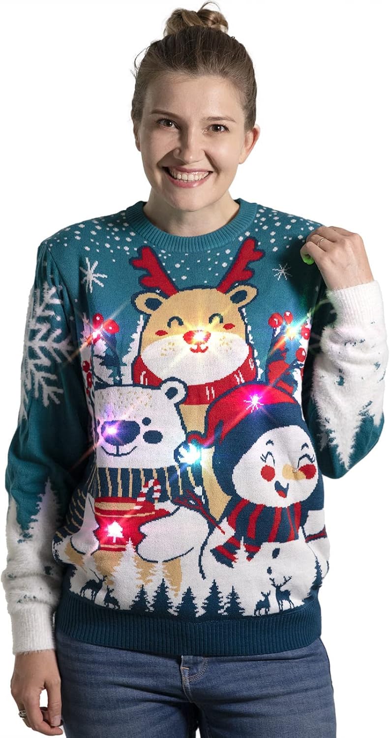 Ugly Christmas Sweater, Funny Chunky Fair Isle Jumper with Santa Reindeer Snowflake,Unisex Festive Knitted Xmas Pullover Long Sleeve Pullover for Party