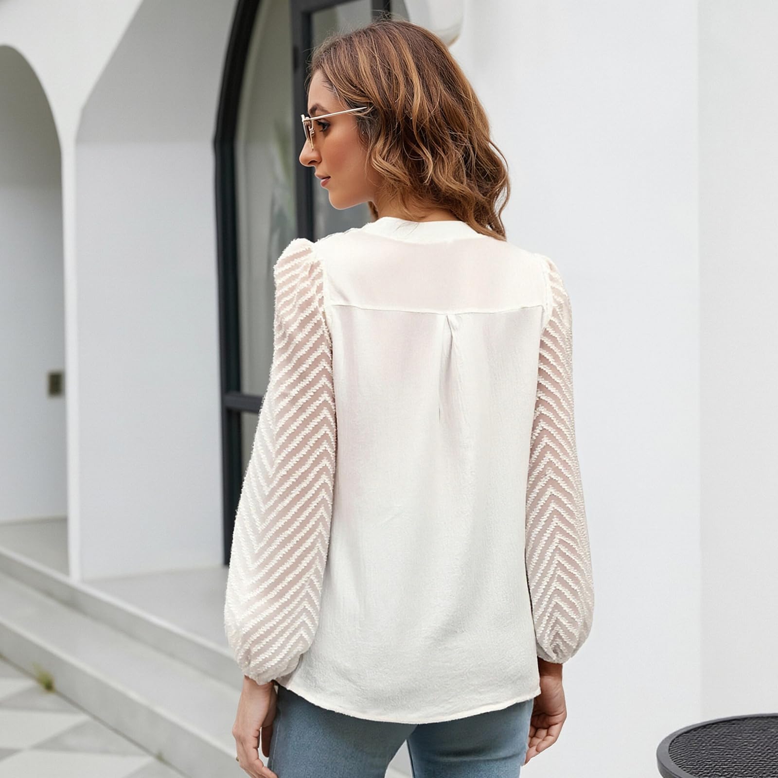Camicetta Donna Elegante in Chiffon, Camicia a Manica Lunga con Scollo a V e Pizzo - Blusa o Top Chic per Cerimonia, Lavoro e Tempo Libero