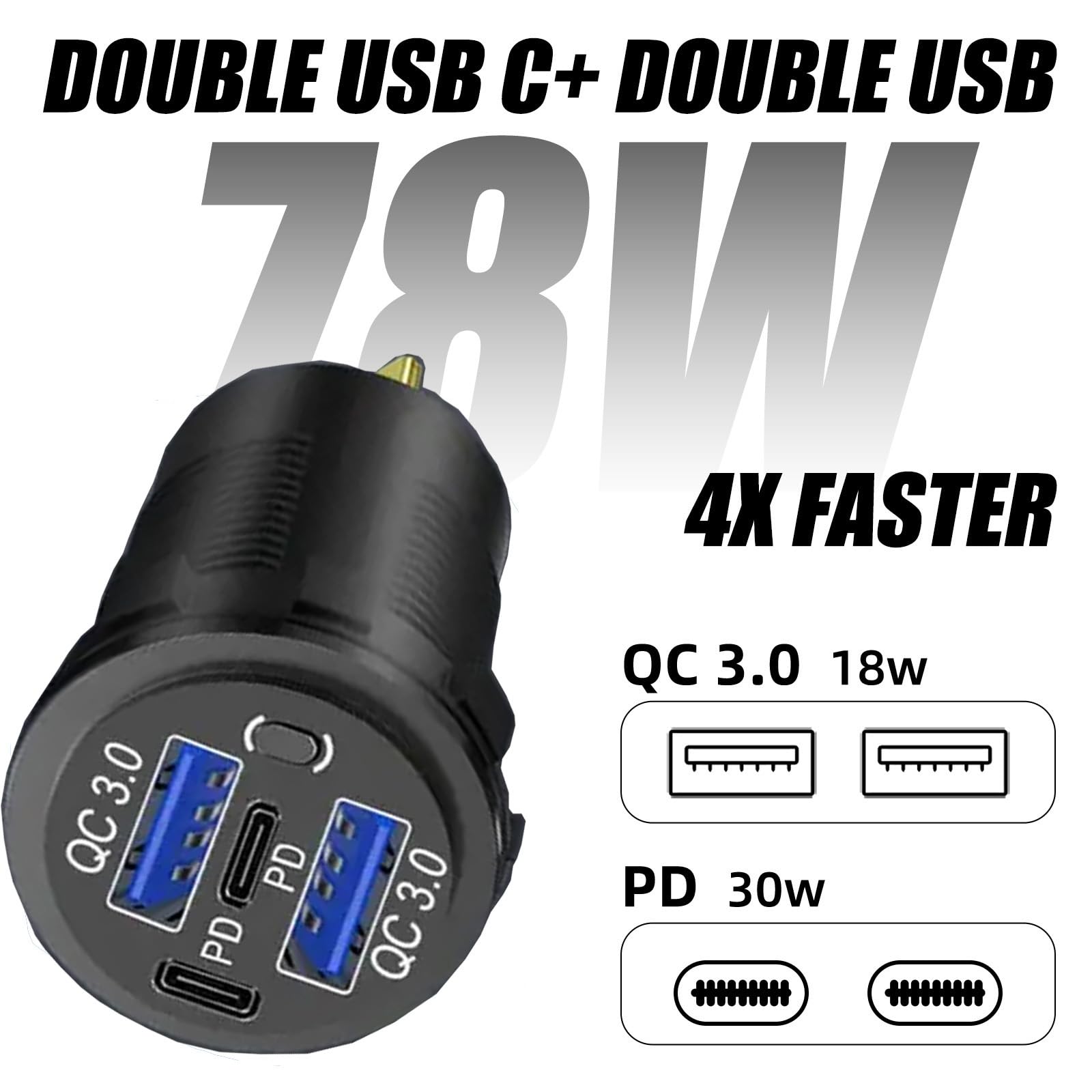 12 V USB-Ladegerät mit 4 Anschlüssen, schnelles Aufladen, 3.0 Anschlüsse, 12 V, mit Schalter für Marine, Boot, Motorrad, Wohnmobil, Golfwagen (eine Packung)