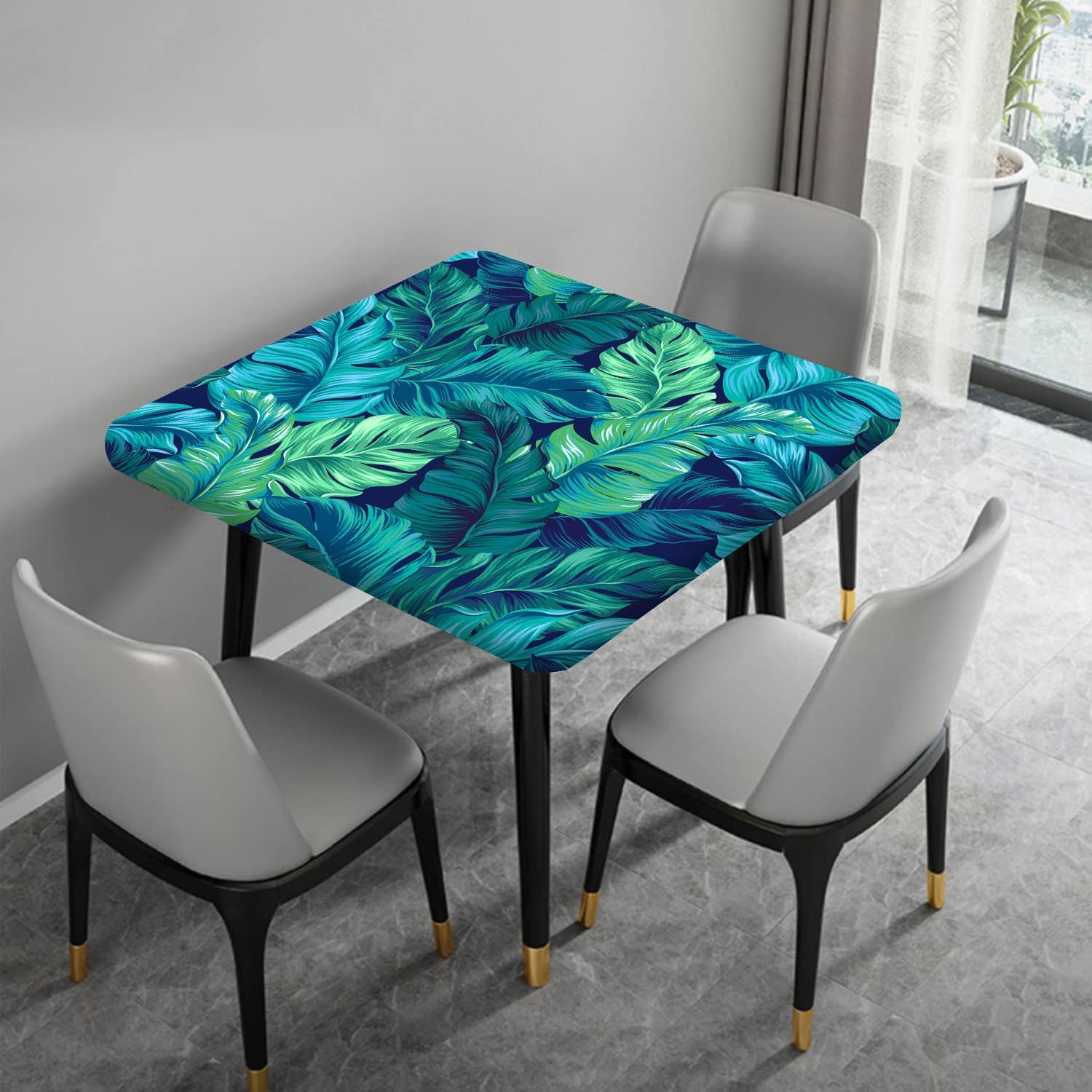 Tropical Palm Leaves Square Fitted Tablecloths, Hawaiian Green Leaf Elastic Edge Waterproof Polyester Fitted Table Cover for Indoor Outdoor Kitchen Patio Decor, Fit for 42"x42" Square Table, Turquoise