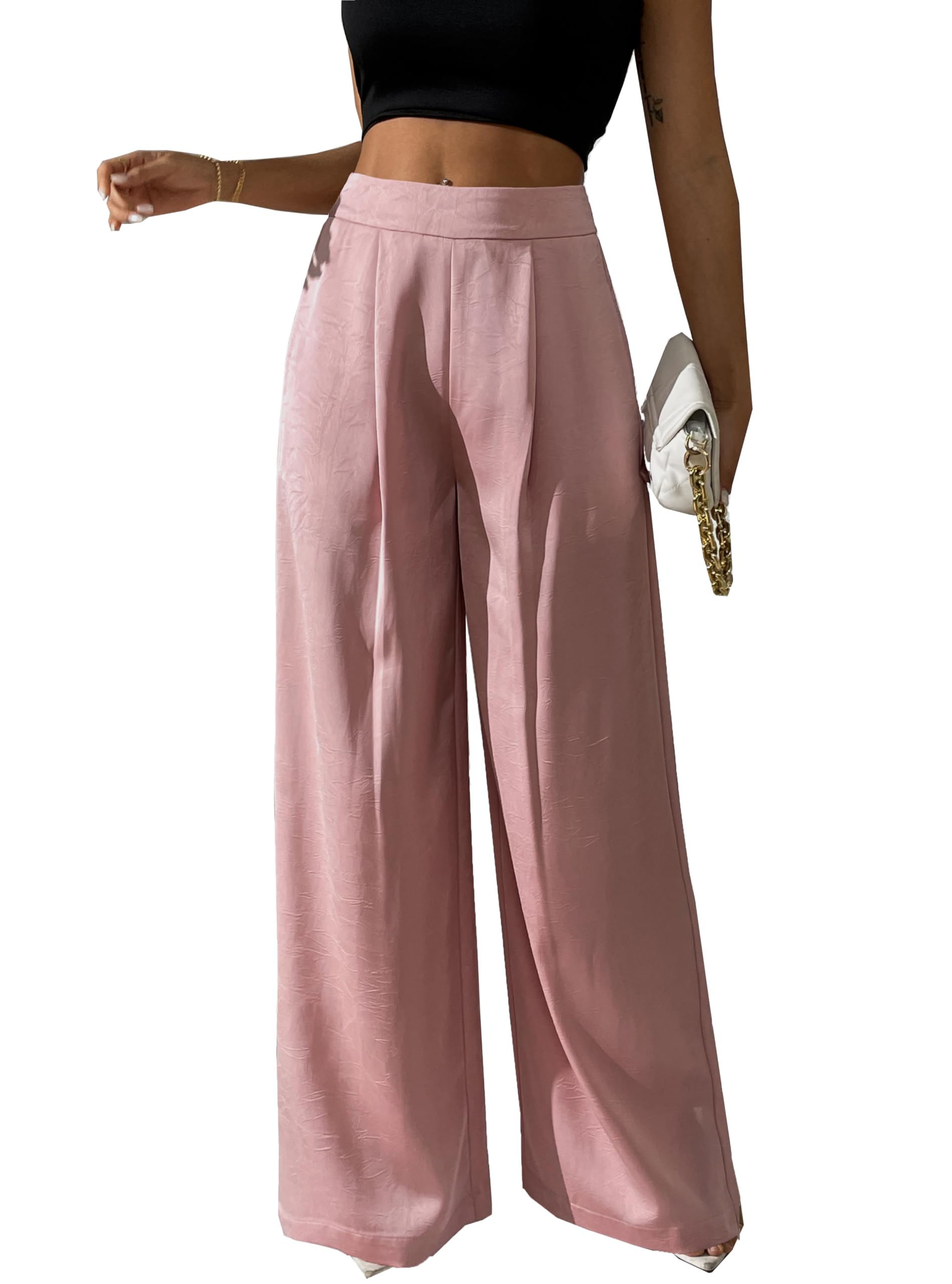 Womens Wide Leg Palazzo Pants Pleated Textured Silky Dress Casual High Waist Pant Trouser