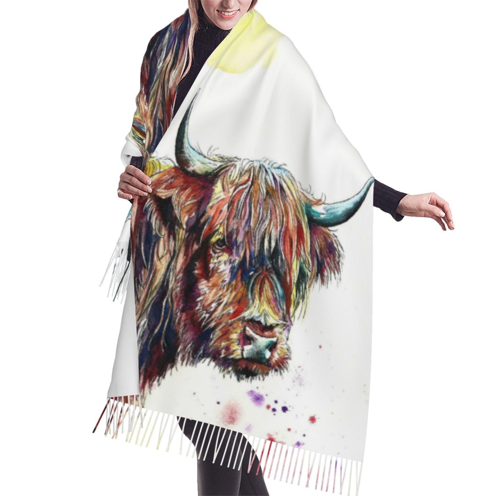 GRatka Scarf,Highland Cow, Unisex Fringed Scarf Large Warm Soft Cashmere Feel Shawls Wraps 196x68 cm