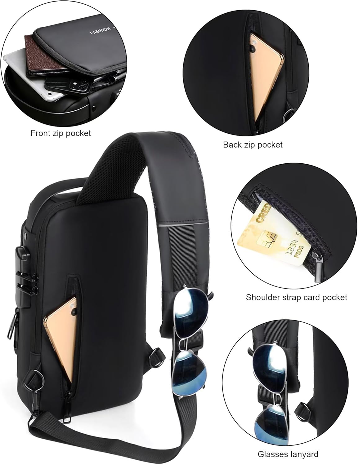 Sling Bag for Men Women, Black Anti-theft Crossbody Bags with USB Charging Port Waterproof Crossbody Sling Backpack Shoulder Bag for Hiking Cycling Running Travel - Image 3