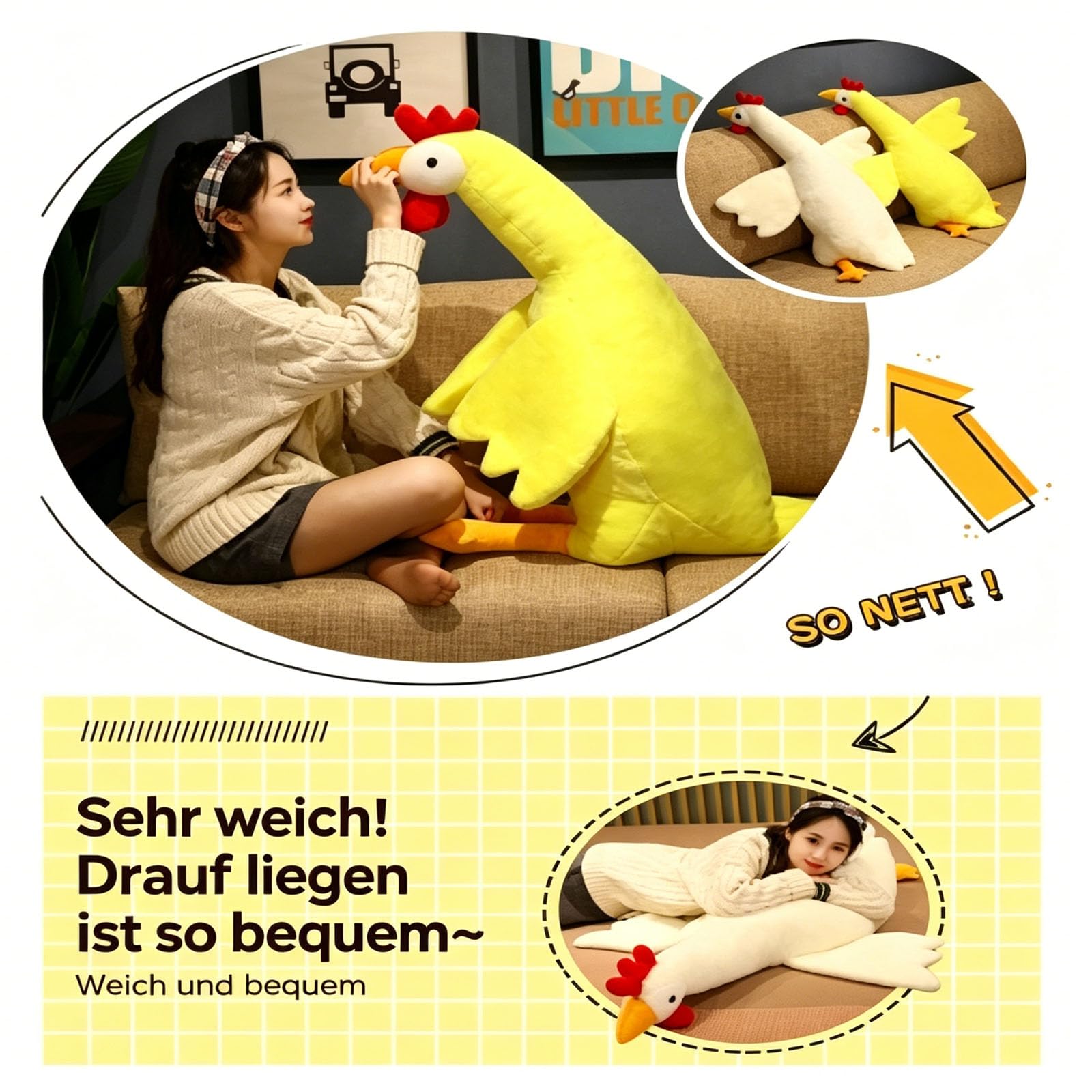 Huhn Kuscheltier XXL, Hähnchen Ausgestopft Plüschkissen, Simuliertes Tier Hühner Plüschtier, Weiches Tier Mutter Huhn Plüschpuppen, Hühner Spielzeug für Jungen Mädchen Geschenke (130cm,Weiß)