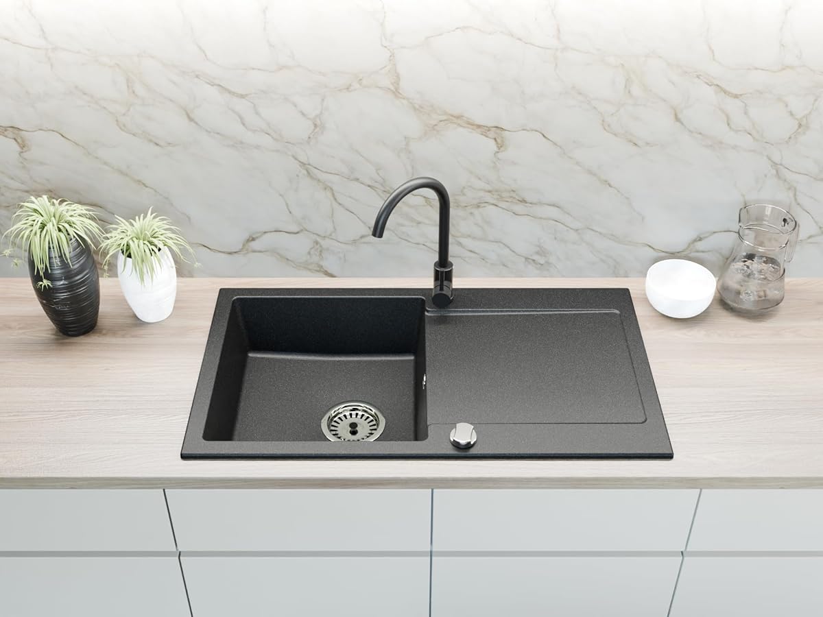 Faizee Home | Granit Einbauspüle 90x50 cm – Spülbecken mit Abtropffläche | Küchenspüle inkl. Armatur & Siphon-Set | Kratzfest & hitzebeständig für 45 cm Unterschränke (Genial, Schwarz Gesprenkelt)