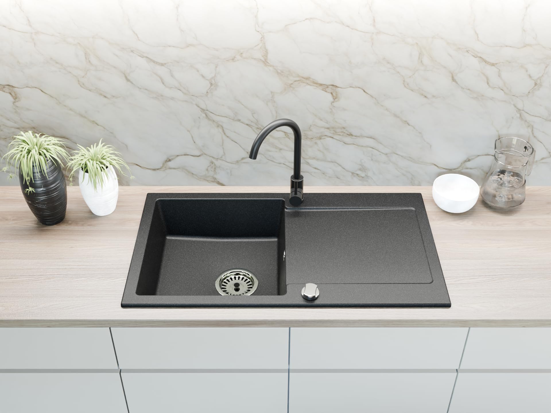 Faizee Home | Element Granitspüle 90 x 50 cm Schwarz – Einbauspüle aus Granit mit Abtropffläche | Reversibel montierbar | Ohne Armatur | Inkl. Siphon-Set