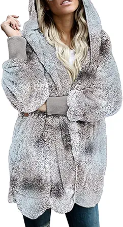 Dokotoo Womens 2023 Winter Long Sleeve Solid Fuzzy Fleece Open Front Hooded Cardigans Jacket Coats Outerwear with Pocket