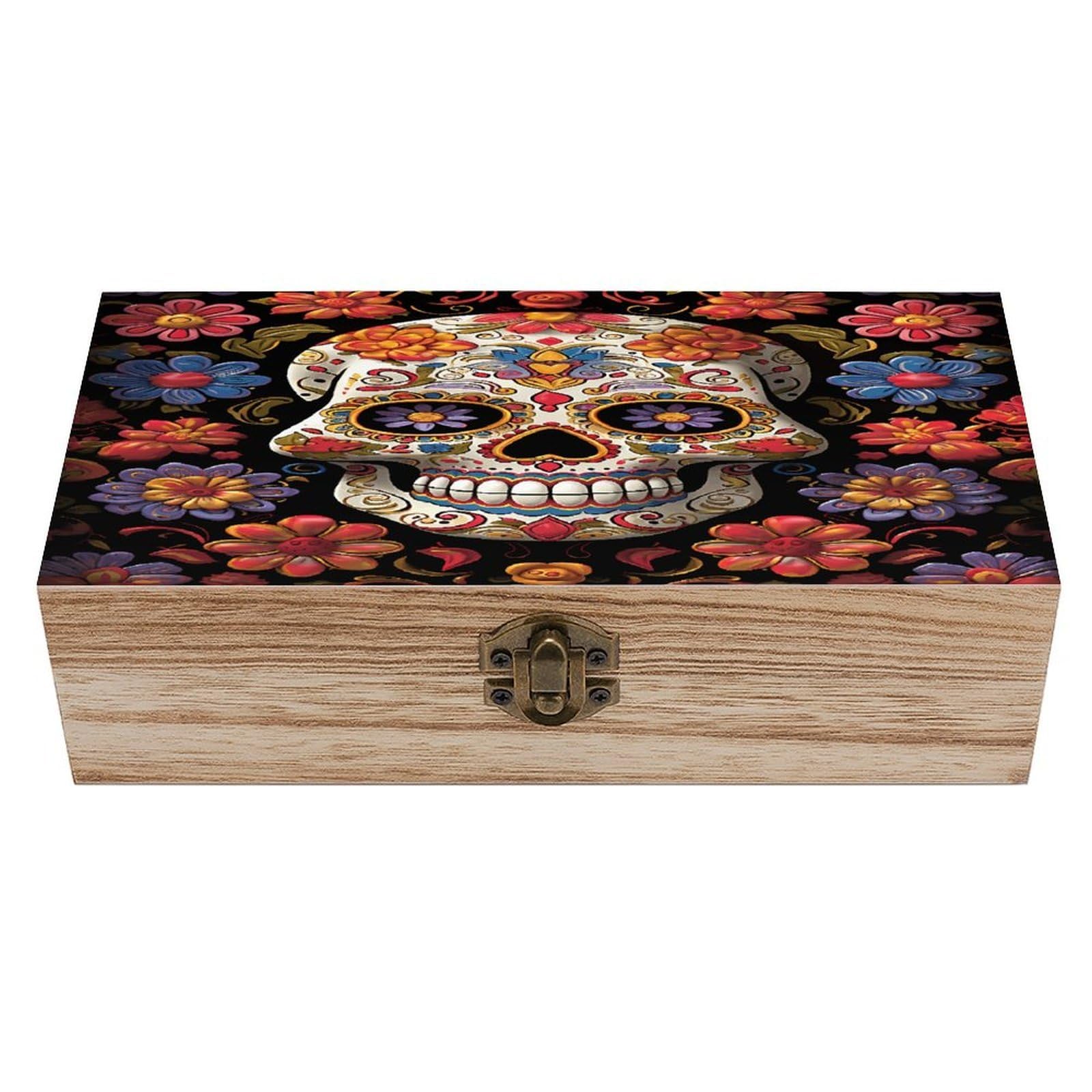 VstaDank Sugar Skulls Wooden Storage Box Wooden Keepsake Box with Hinged Lid Exquisite Solid Wood Decorative Jewelry Case Memory Box for Jewelry Photos Letters Crafts Trinkets