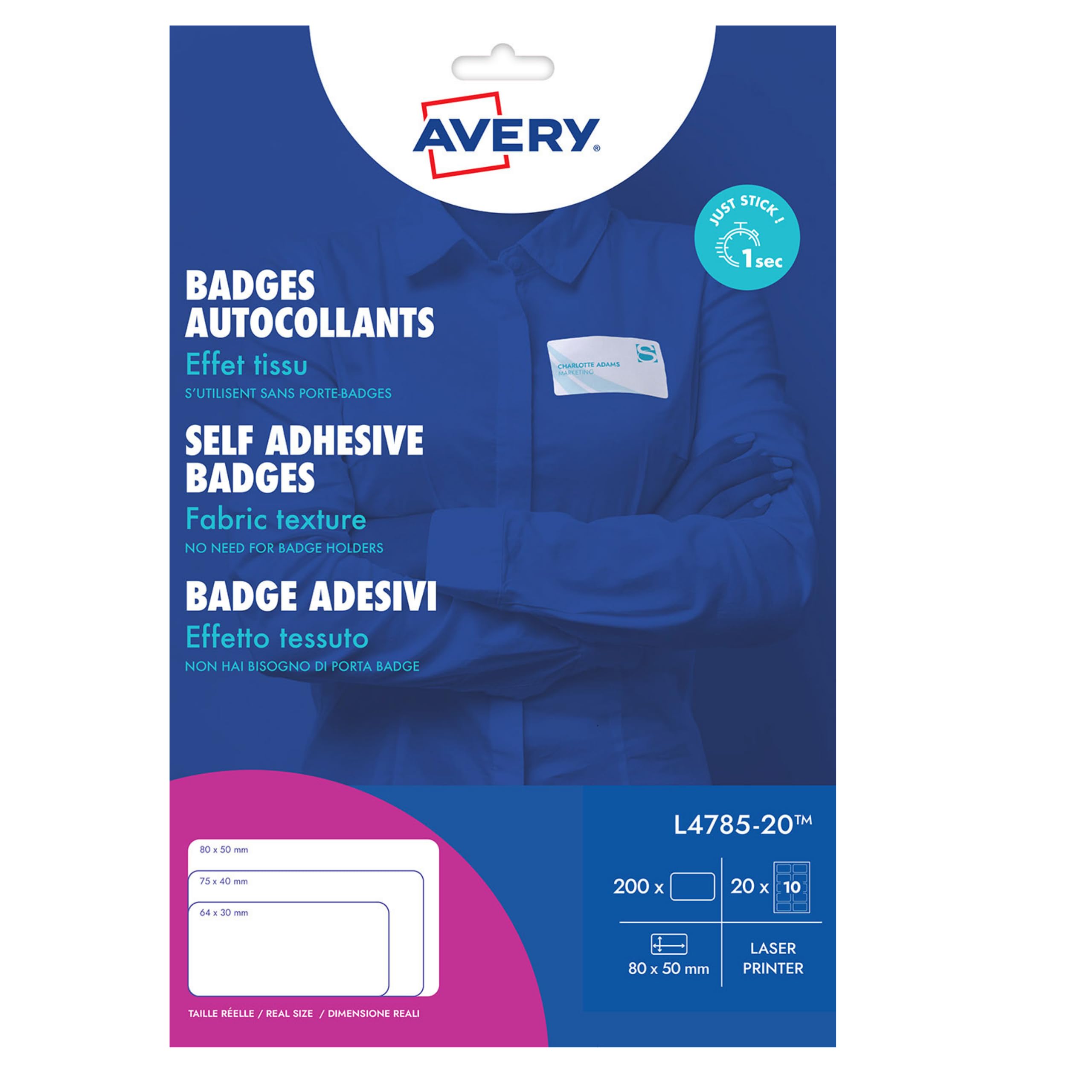 Avery Badge Autocollant Adhésif Textile - 200 Badges Autocollants Soie Acétate Blanche 80 x 50 mm - Impression Laser - Étiquettes Autocollantes - Badges Personnalisables Vêtements - Badge Avery