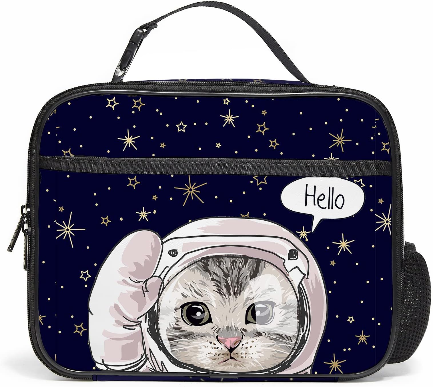 Astronauts Cat Lunch Box, Cooler Spcae Cat Lunch Bag with Detachable Buckle Hand Strap, Large Capacity Durable Lunch Tote Bag with Side Pocket for Women Teens Boys Girls(Spcae Cat)