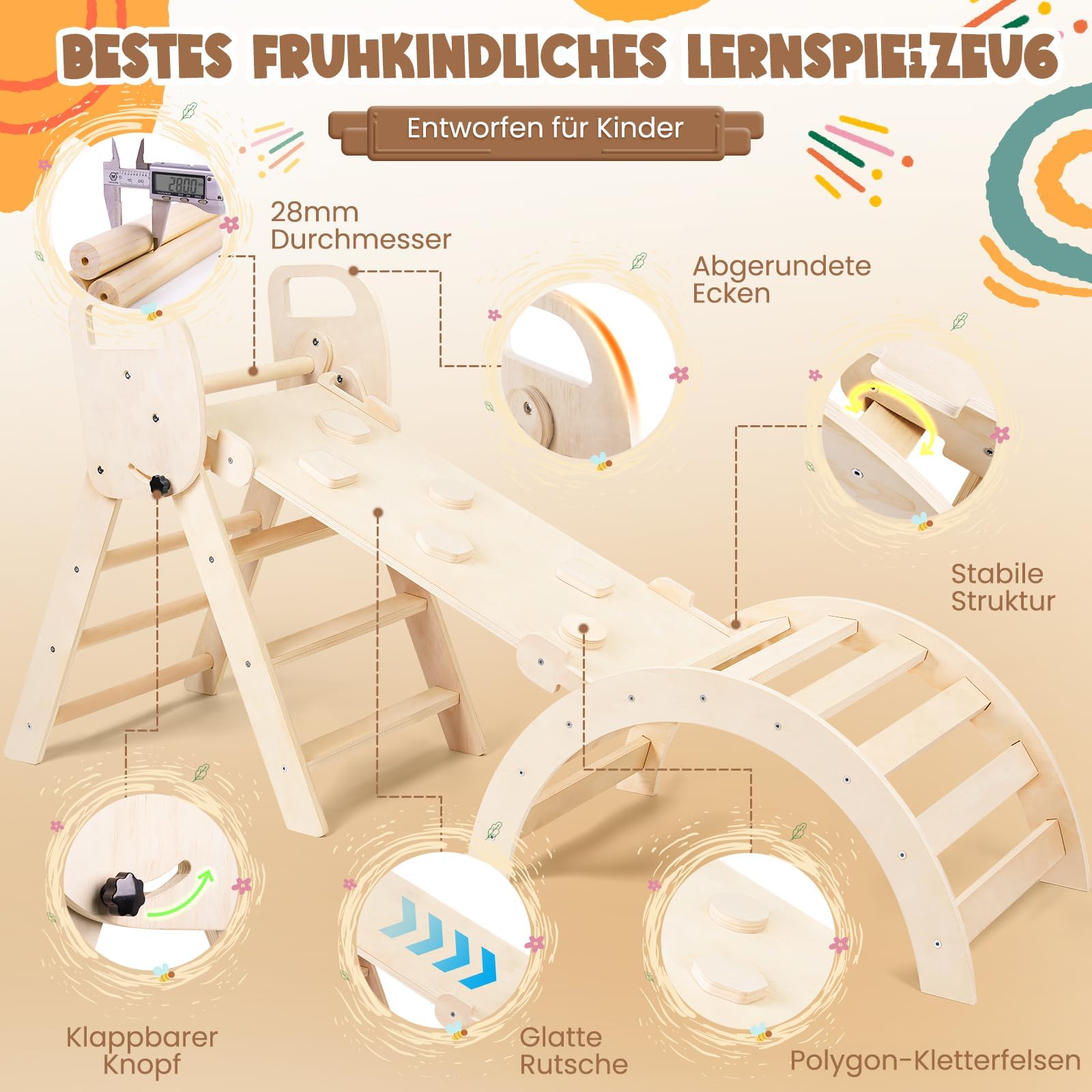 7-in-1 Montessori Klettergerüst Indoor Set, Verformbares Kletterdreieck mit Rutsche und Kletterbogen, Ideal für Babys und Kleinkinder 1-6 Jahre, Fördert Spiel, Bewegung und Kreativität