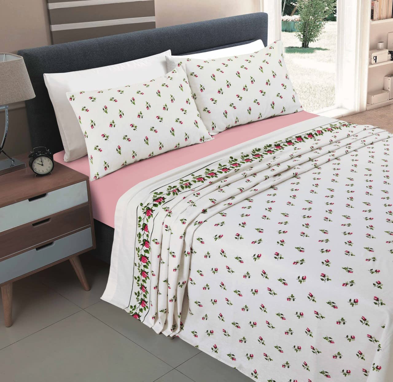 Slumber Nights Flannel Fitted Flat Sheet and Pillowcase Set Brushed Cotton Printed Warm Bedding (Pink, Single Sheets Set)
