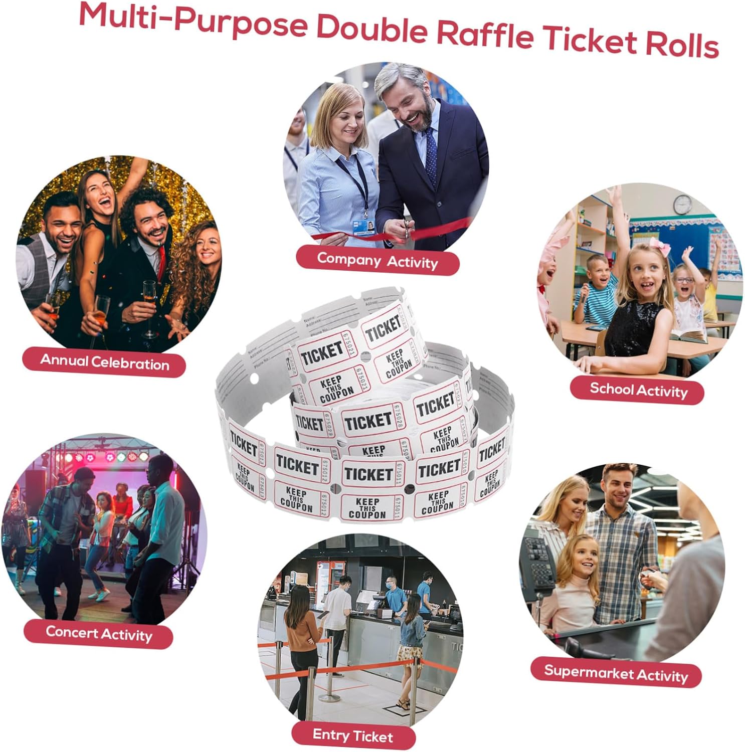 DOITOOL 1Roll Raffle Tickets Multi-Functional Event Ticket Labels for Parties Concerts Raffles Bulk Bright Colors Design for School Church Events