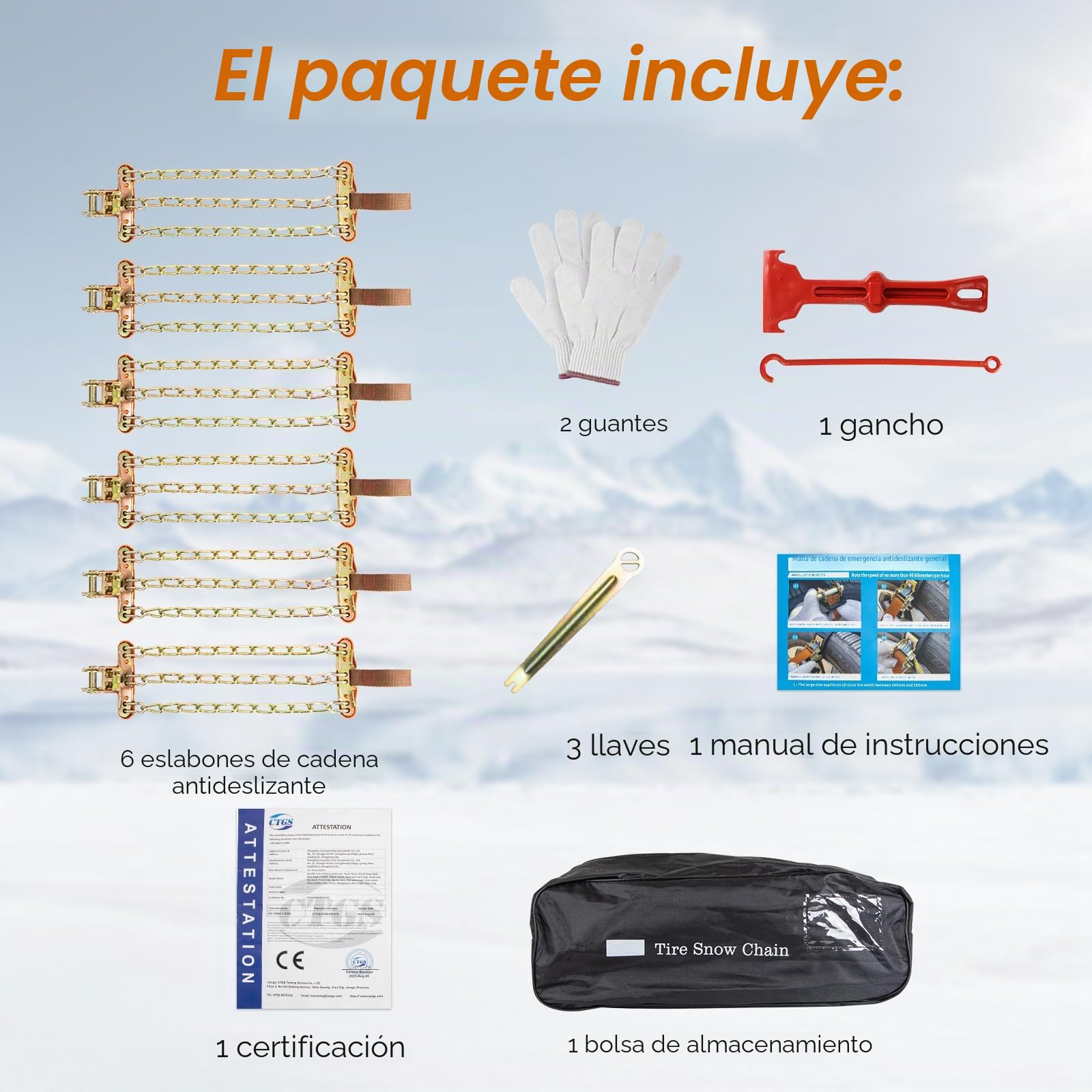 Paquete de 6 cadenas de nieve para automóviles y furgonetas, cadenas de hierro de 3 eslabones para neumáticos de 195 a 265 mm, cadenas de nieve antideslizantes resistentes para nieve y barro de